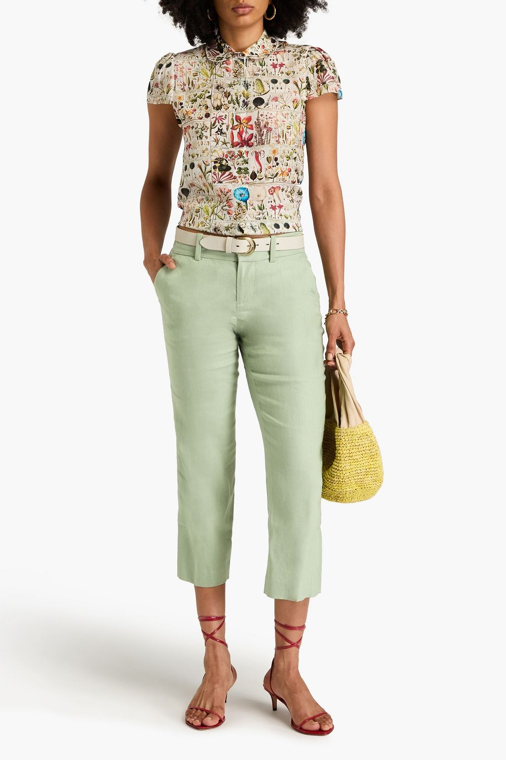 ALICE + OLIVIA بنطال Janis قصير بحواف واسعة ومسترخية من مزيج الكتّان
