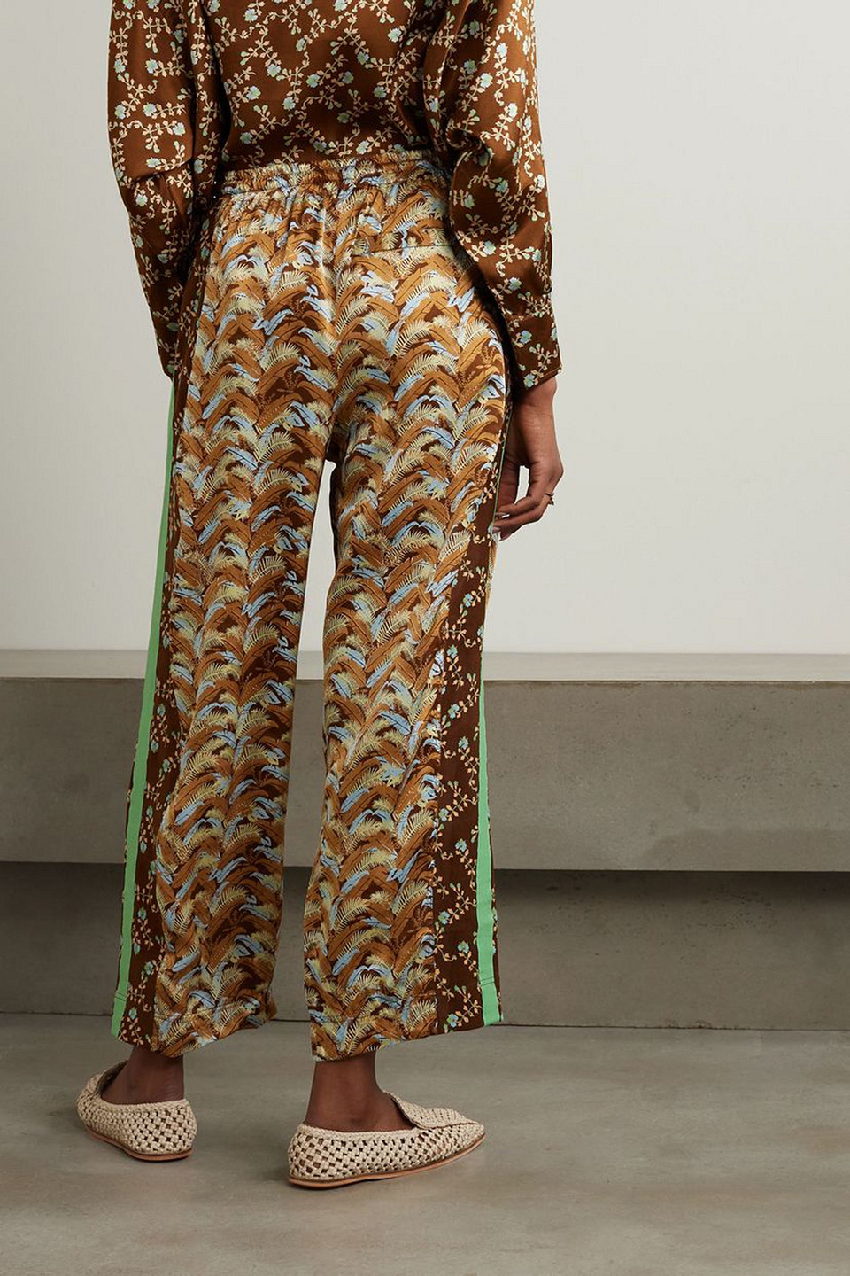 YVONNE S STRIPED FLORAL-PRINT SILK-SATIN WIDE-LEG PANTS