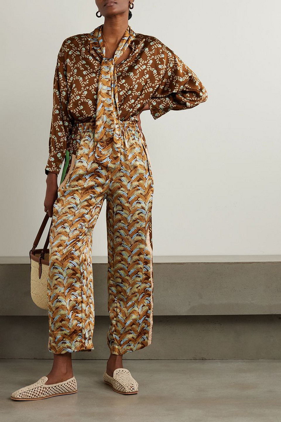 YVONNE S STRIPED FLORAL-PRINT SILK-SATIN WIDE-LEG PANTS
