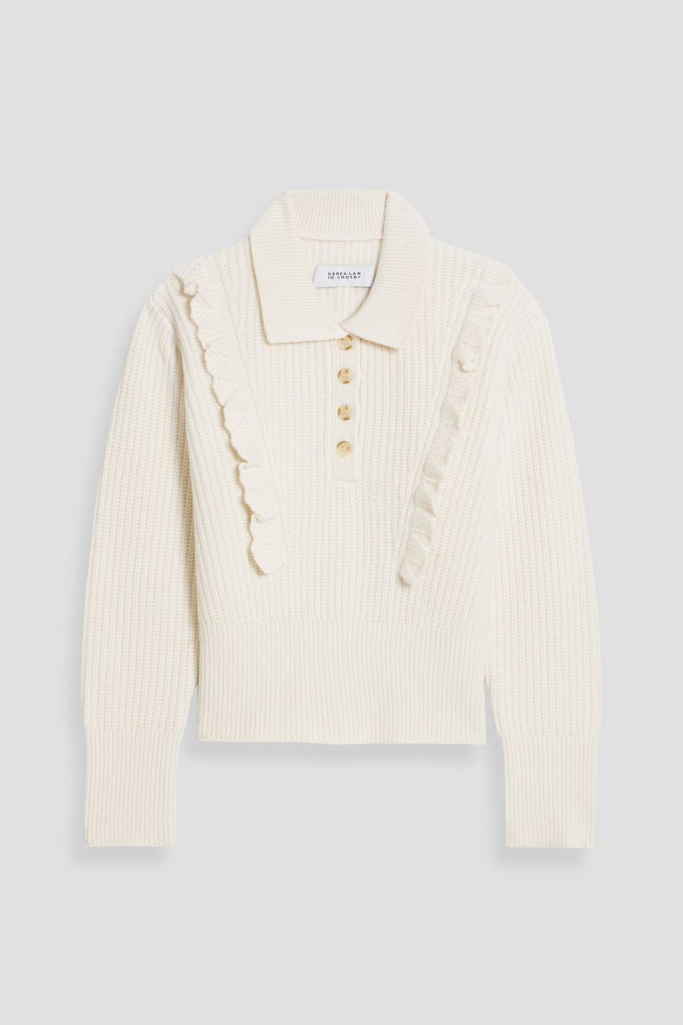 Derek Lam 10 Crosby Noelia Ruffled Ribbed Wool-blend Polo Sweater In Ivory