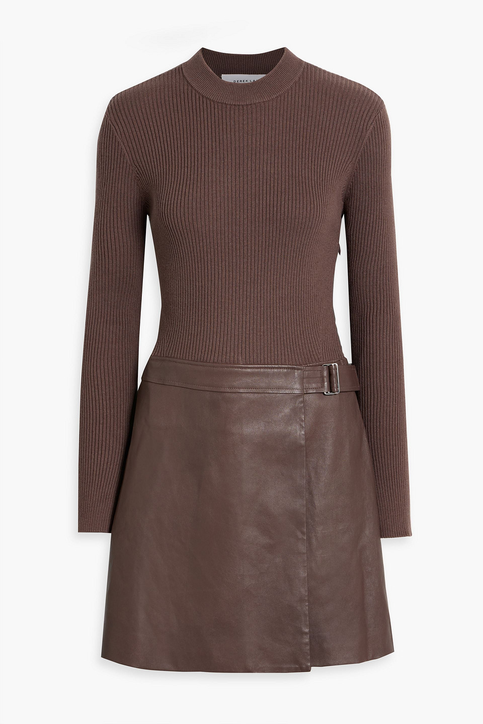 DEREK LAM 10 CROSBY NANCY WRAP-EFFECT COTTON-BLEND AND LEATHER MINI DRESS
