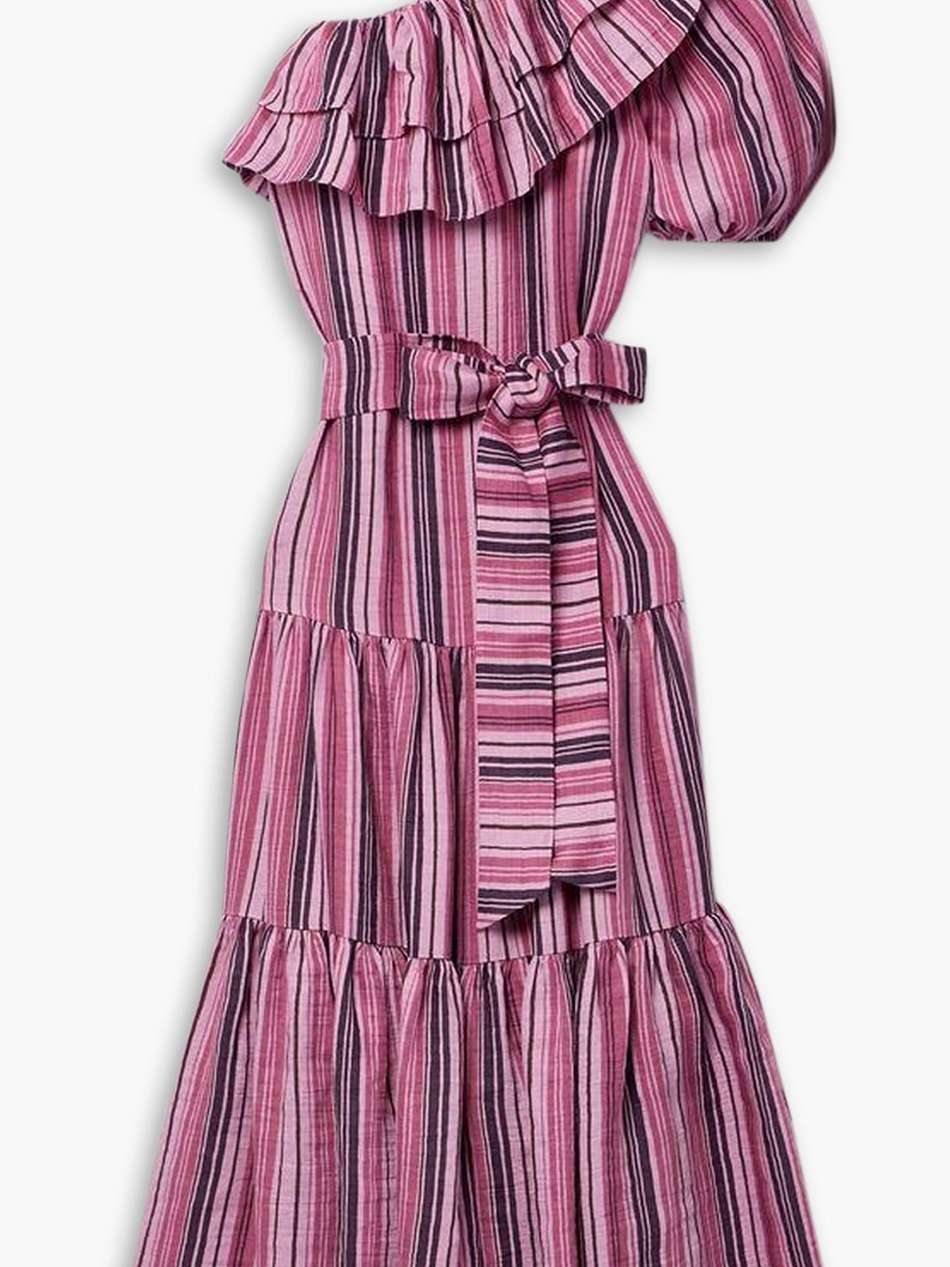 arden one-sleeve ruffled striped linen-blend maxi dress
