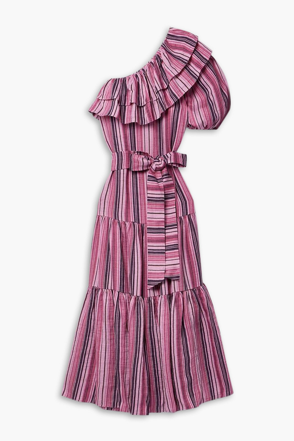 Lisa Marie Fernandez Arden One-sleeve Ruffled Striped Linen-blend Maxi Dress In Pink
