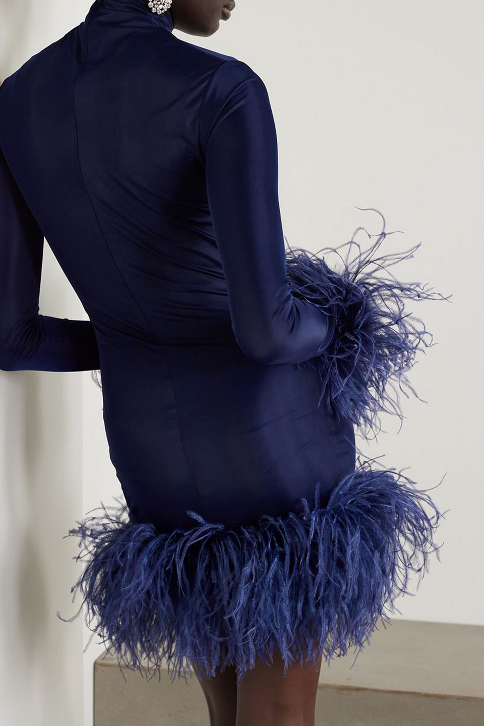 16arlington Luna Feather-trimmed Stretch-jersey Turtleneck Mini Dress In Navy