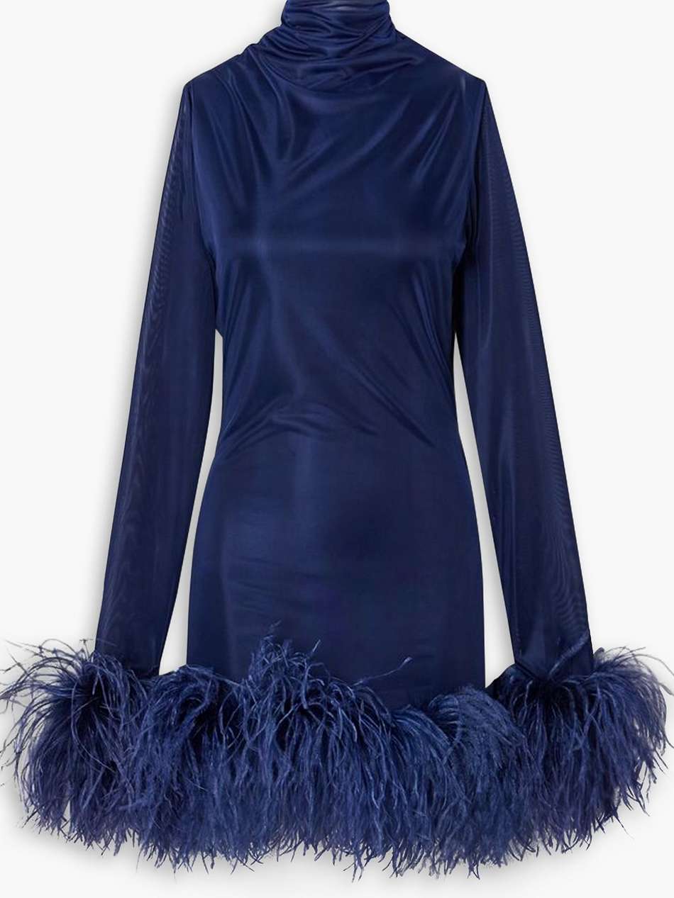 luna feather-trimmed stretch-jersey turtleneck mini dress