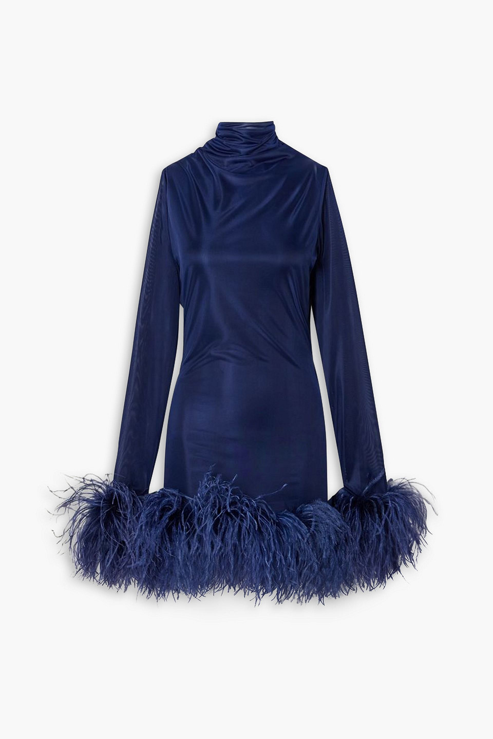 16arlington Luna Feather-trimmed Stretch-jersey Turtleneck Mini Dress In Navy