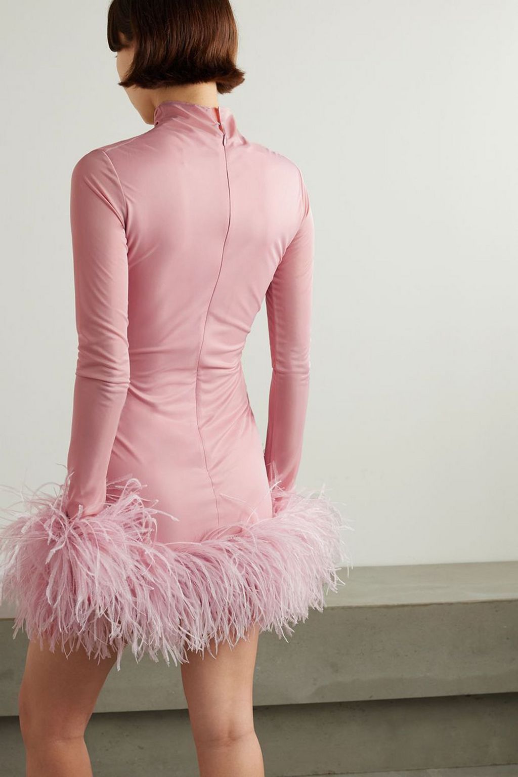16ARLINGTON Luna feather-trimmed stretch-jersey turtleneck mini dress