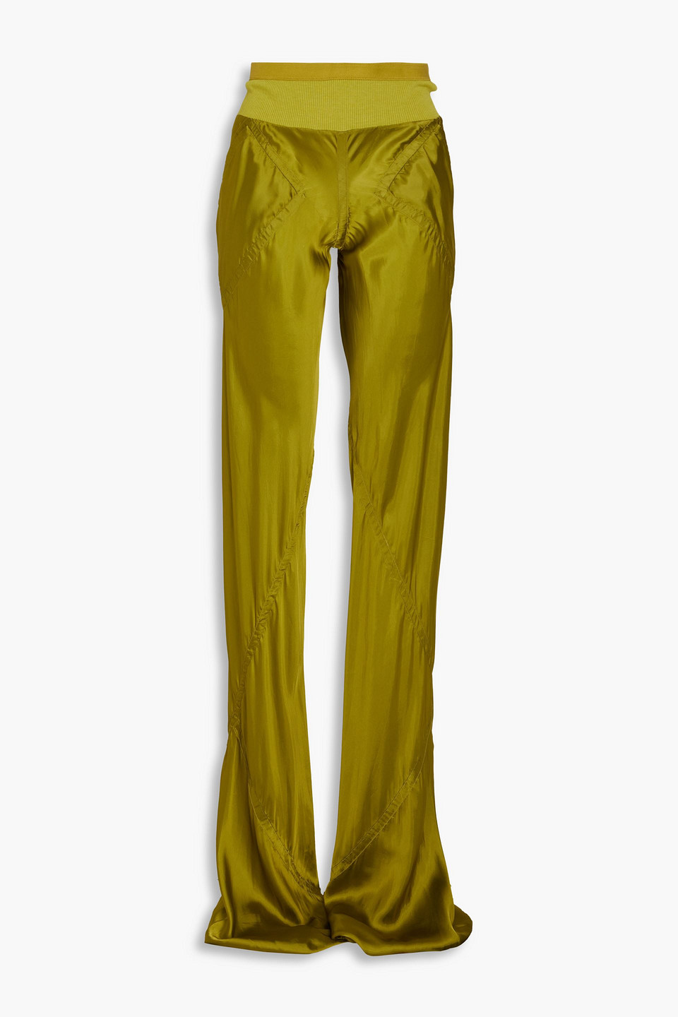 Rick Owens Knit-paneled Cupro-satin Flared Pants In Lime Green