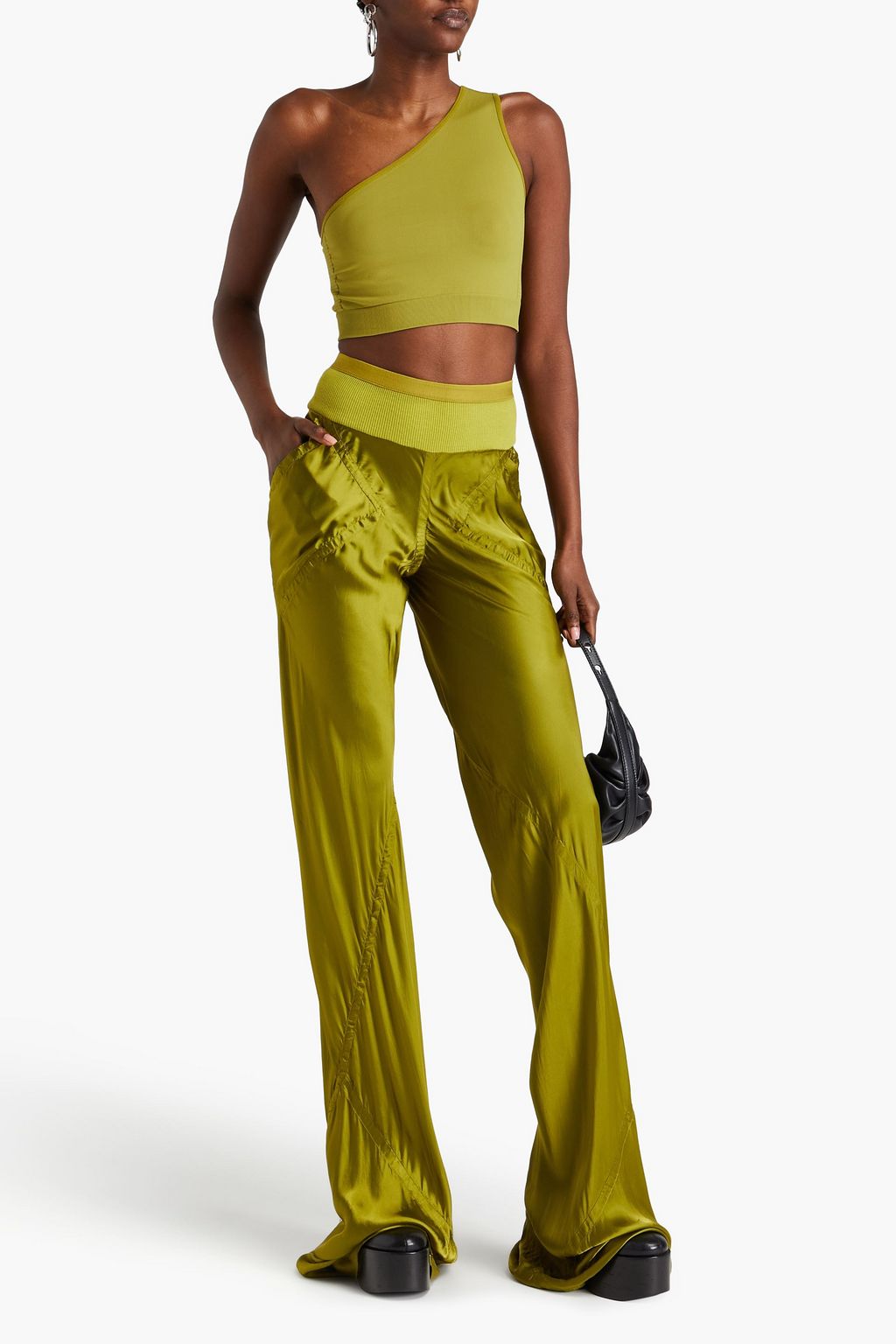 RICK OWENS Knit-paneled cupro-satin flared pants