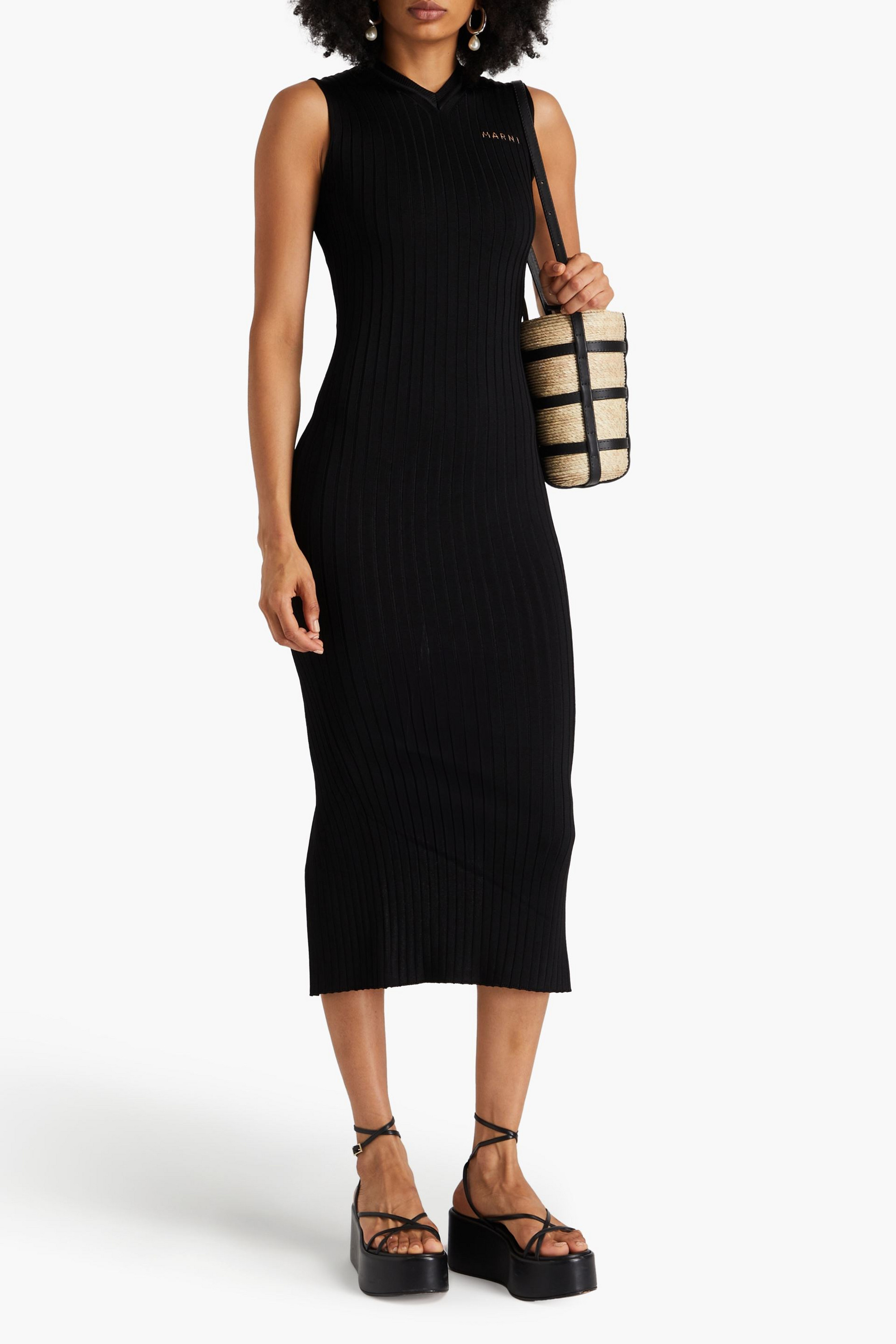 Marni Embroidered ribbed-knit midi dress