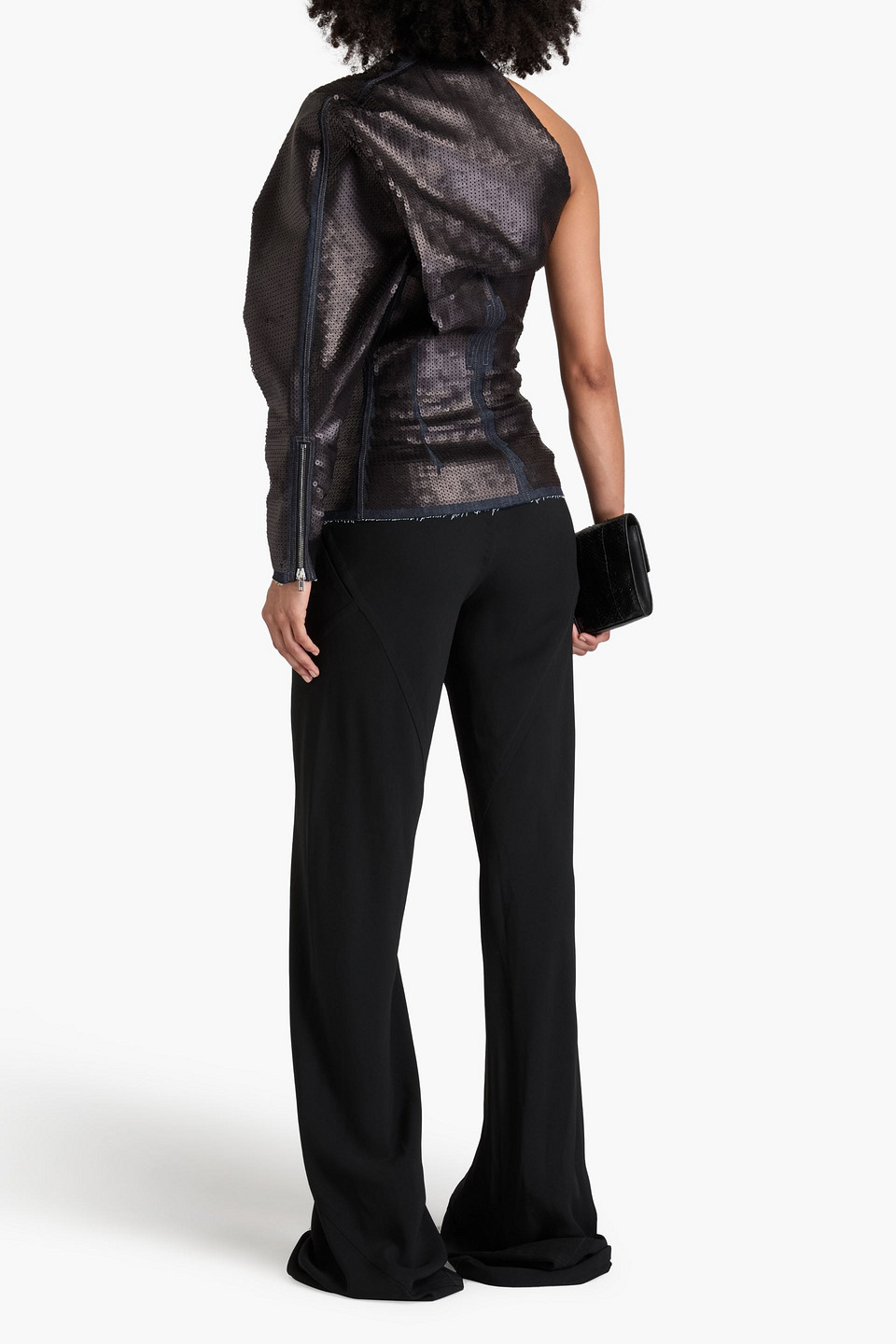 Rick Owens One-sleeve Sequined Denim Top In Charcoal
