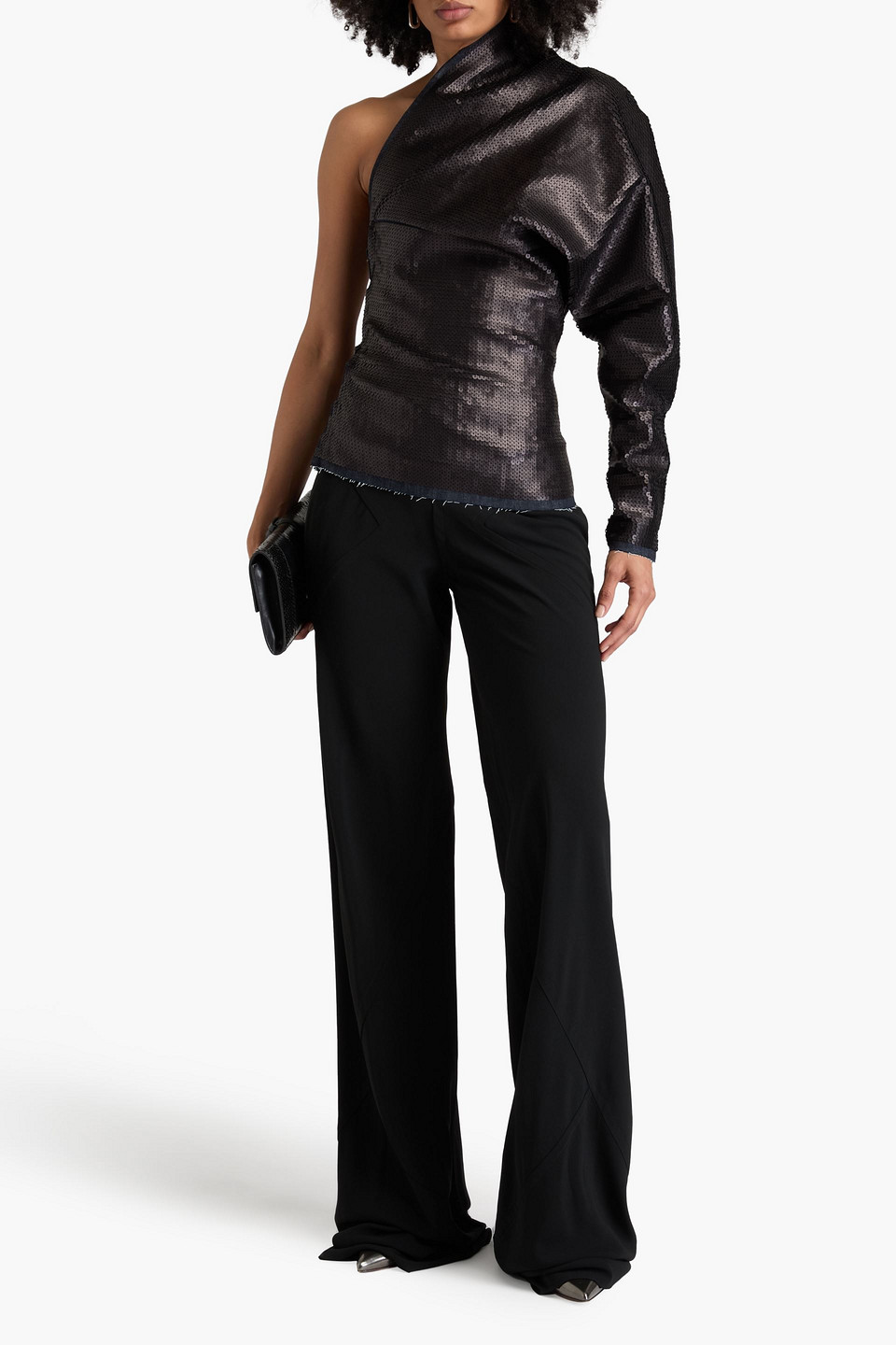 Rick Owens One-sleeve Sequined Denim Top In Charcoal