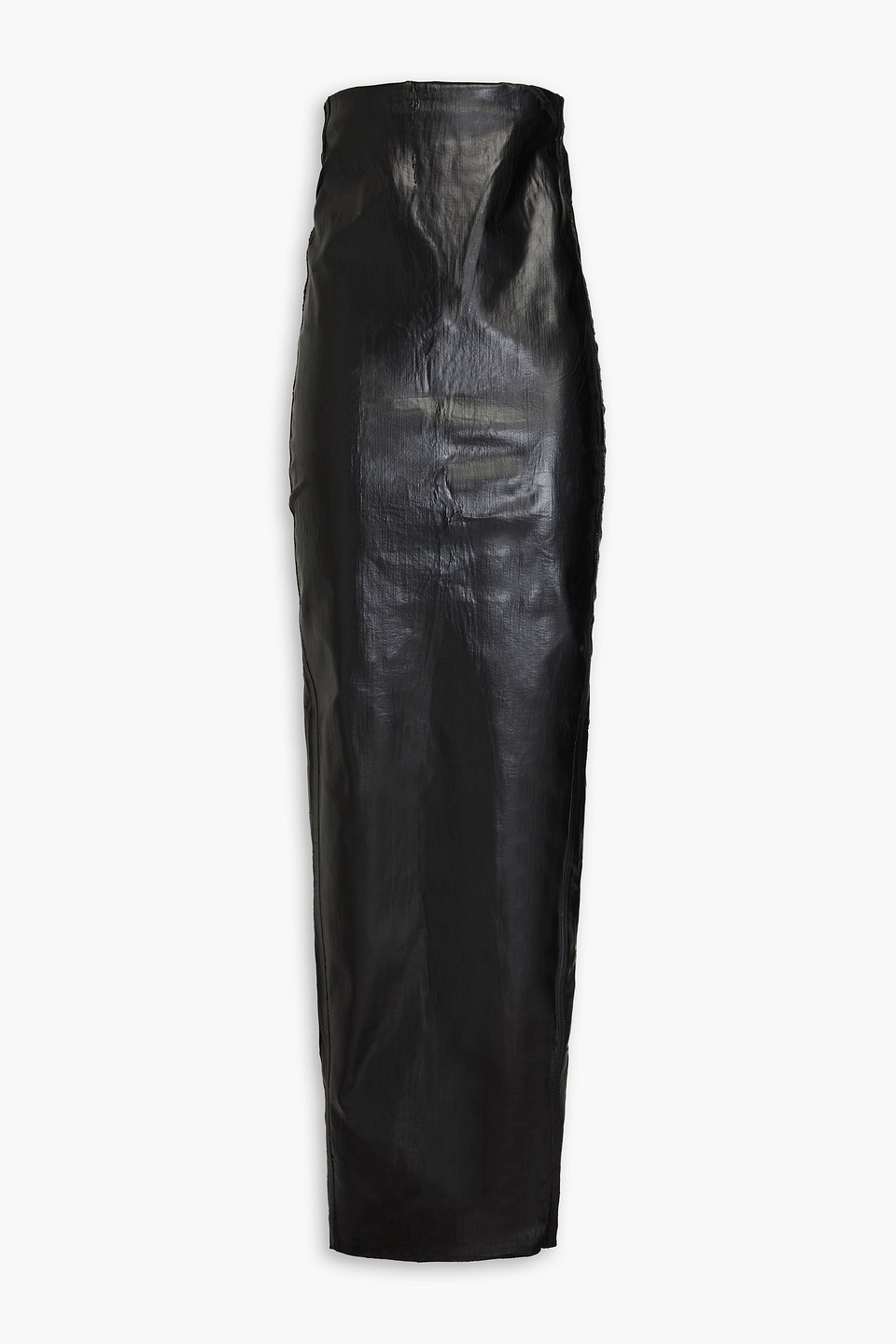 Rick Owens Pillar Distressed Coated Denim Maxi Skirt In Black