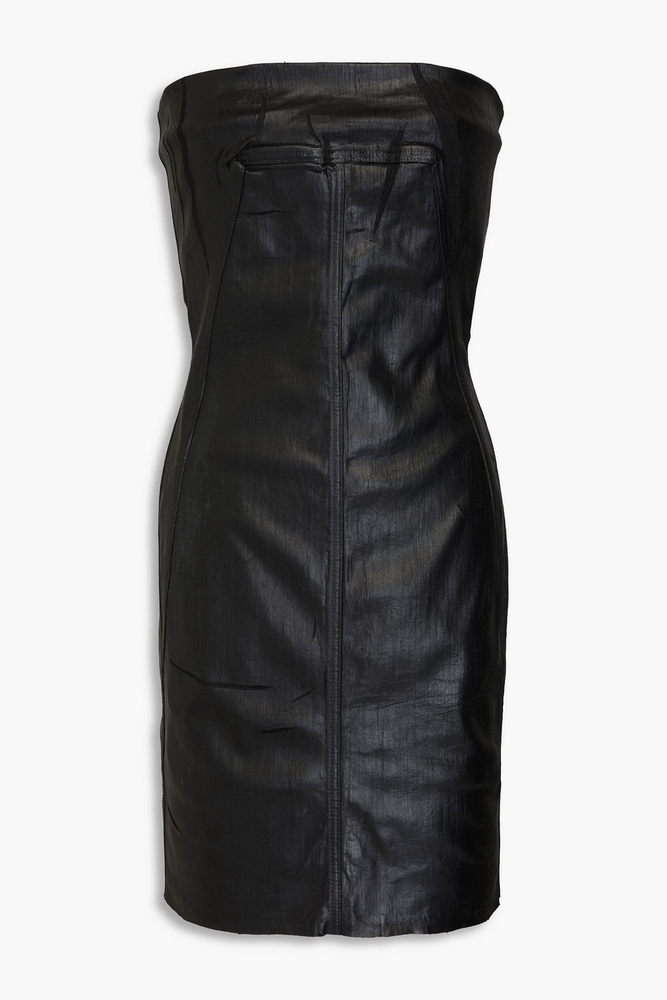 RICK OWENS STRAPLESS COATED DENIM MINI DRESS