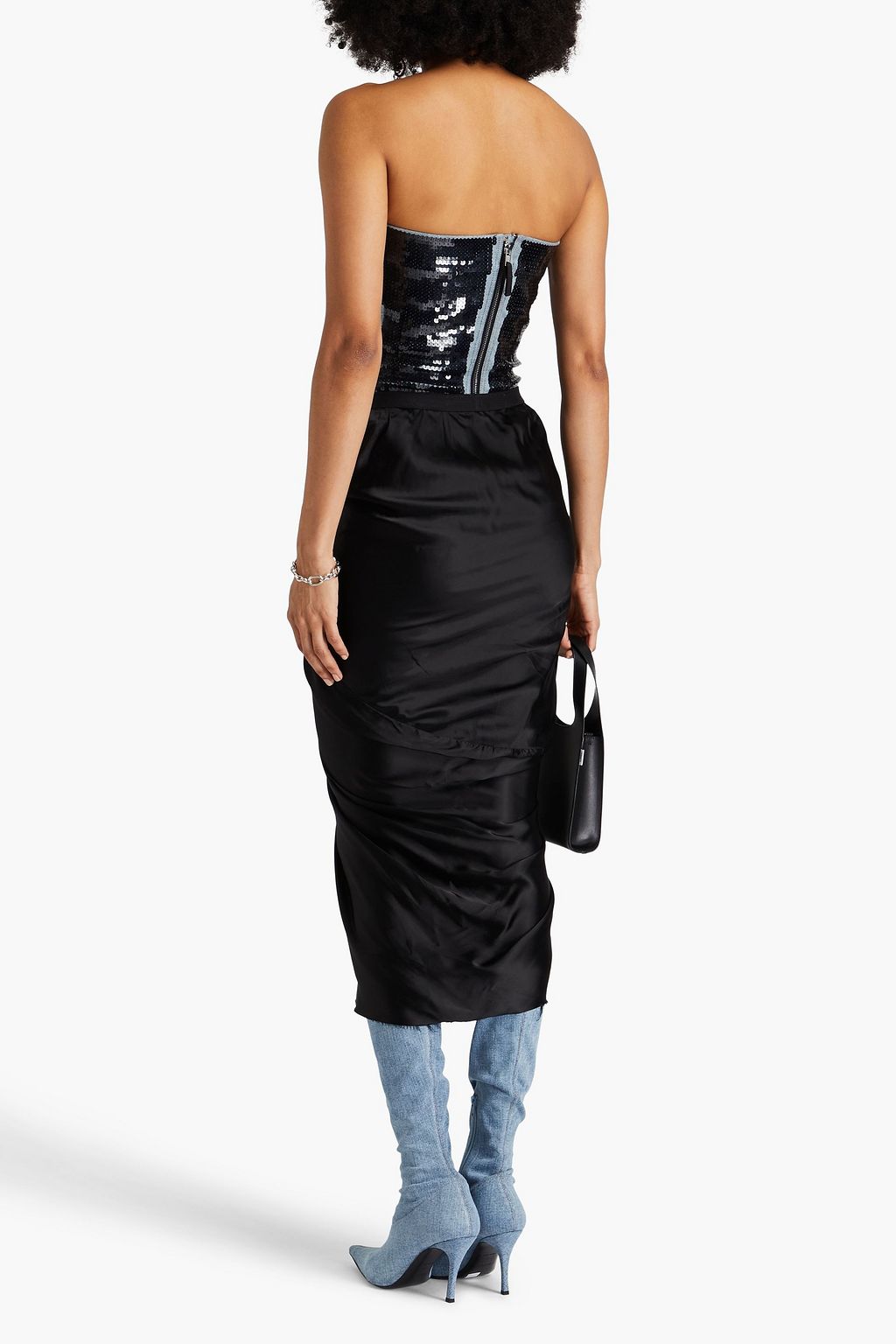 RICK OWENS 랩 스타일 드레이프 장식 쿠프로 새틴 미디 스커트