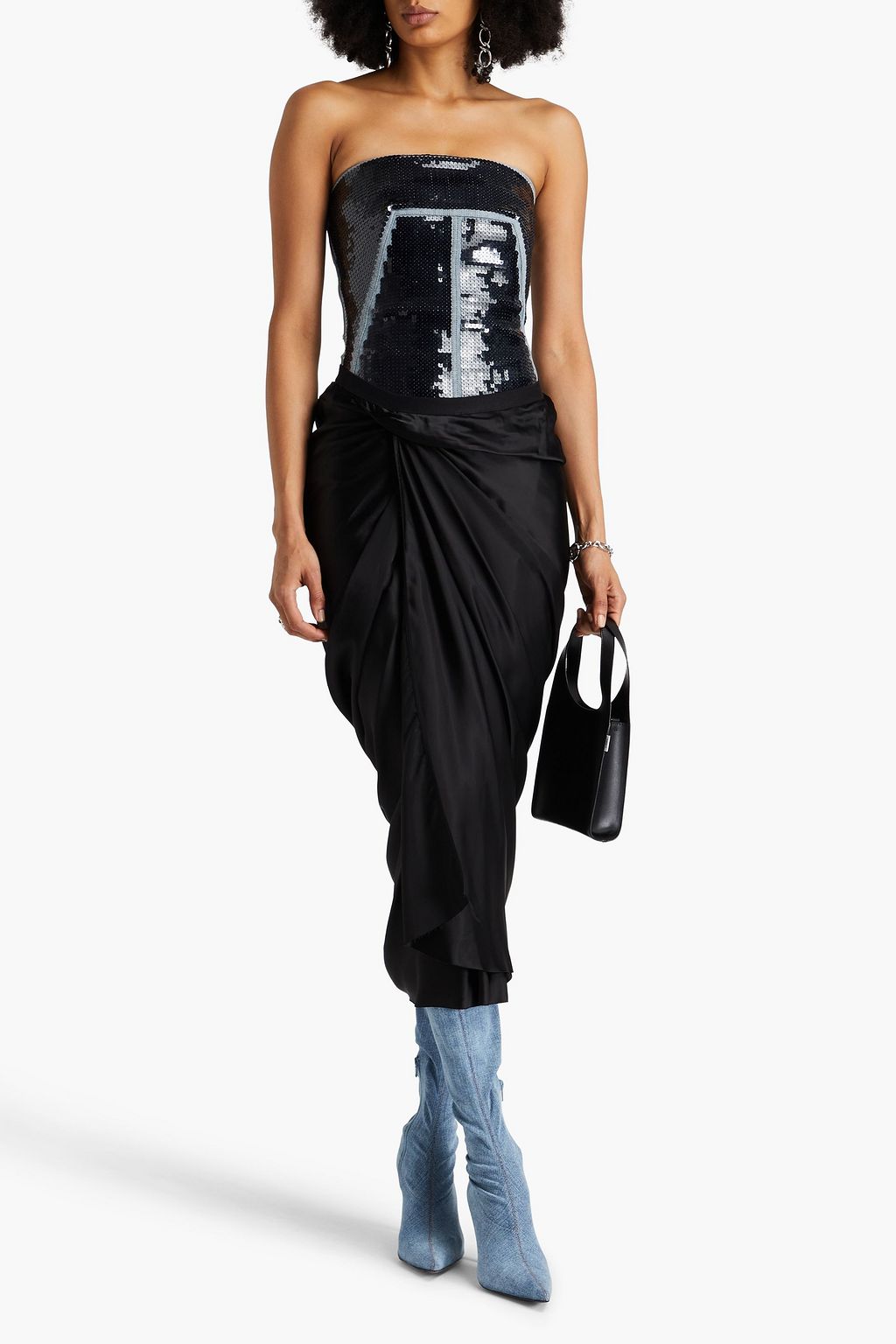 RICK OWENS 랩 스타일 드레이프 장식 쿠프로 새틴 미디 스커트