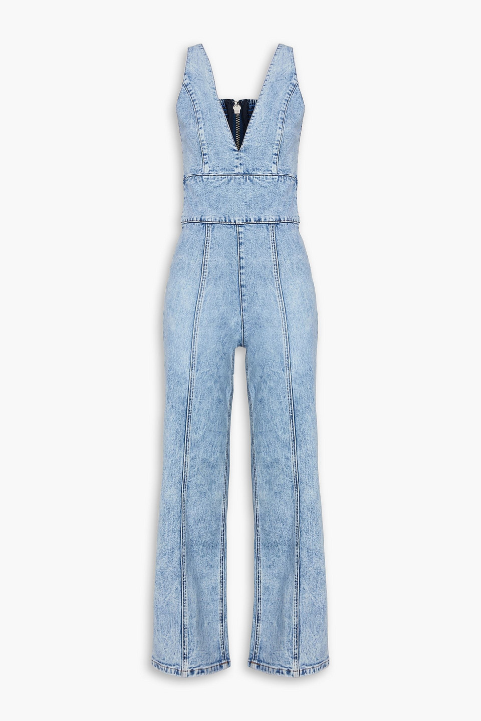 Alice And Olivia Sandra Cropped Faded Denim Jumpsuit In Light Denim