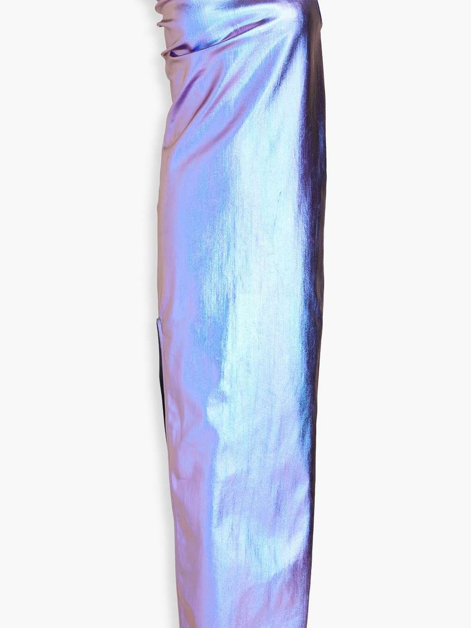 iridescent-effect coated denim maxi dress