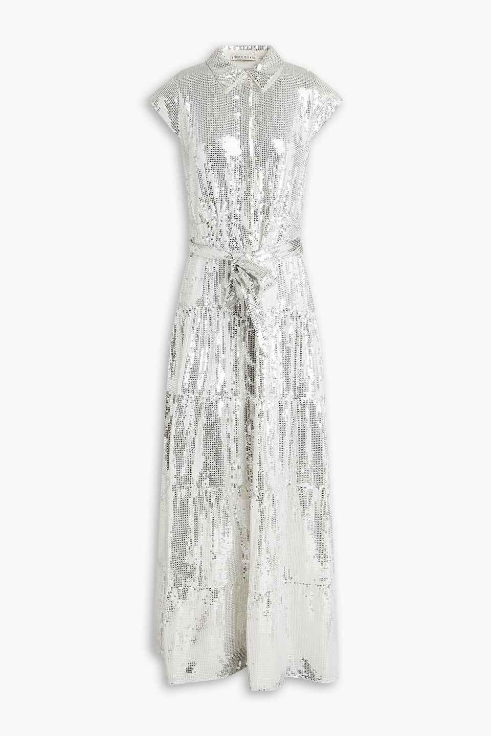 Alice And Olivia Miranda Sequined Woven Maxi Shirt Dress In Silver