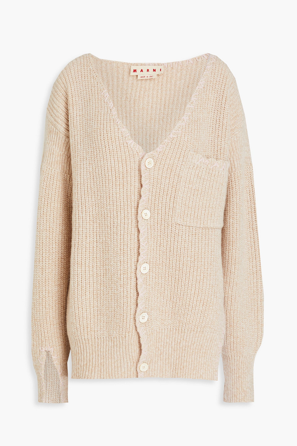 Marni Embroidered Distressed Ribbed Wool Cardigan In Neutral