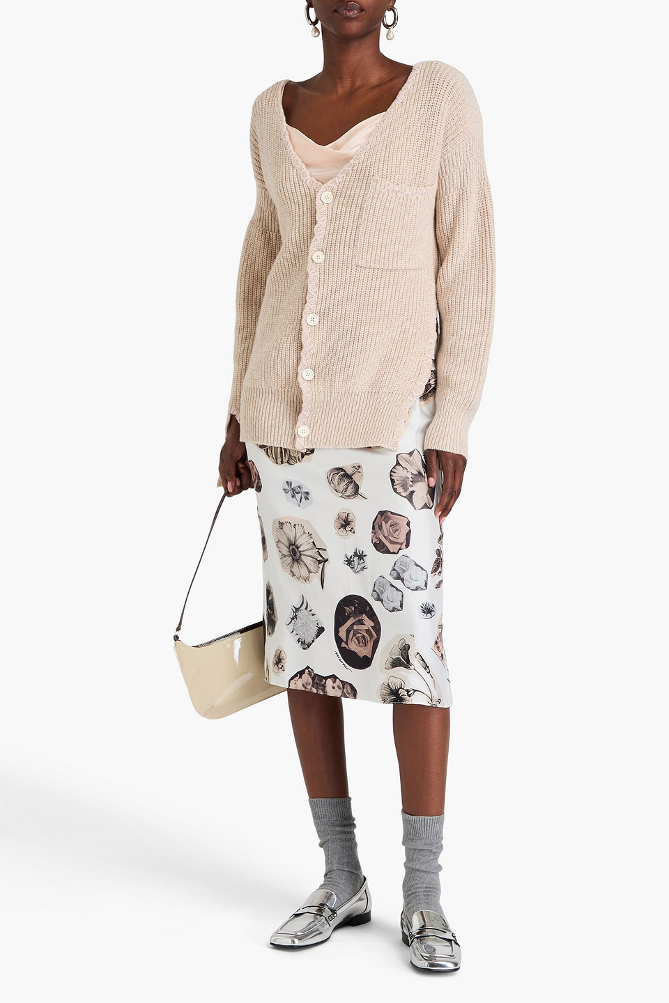 Marni Embroidered Distressed Ribbed Wool Cardigan In Neutral