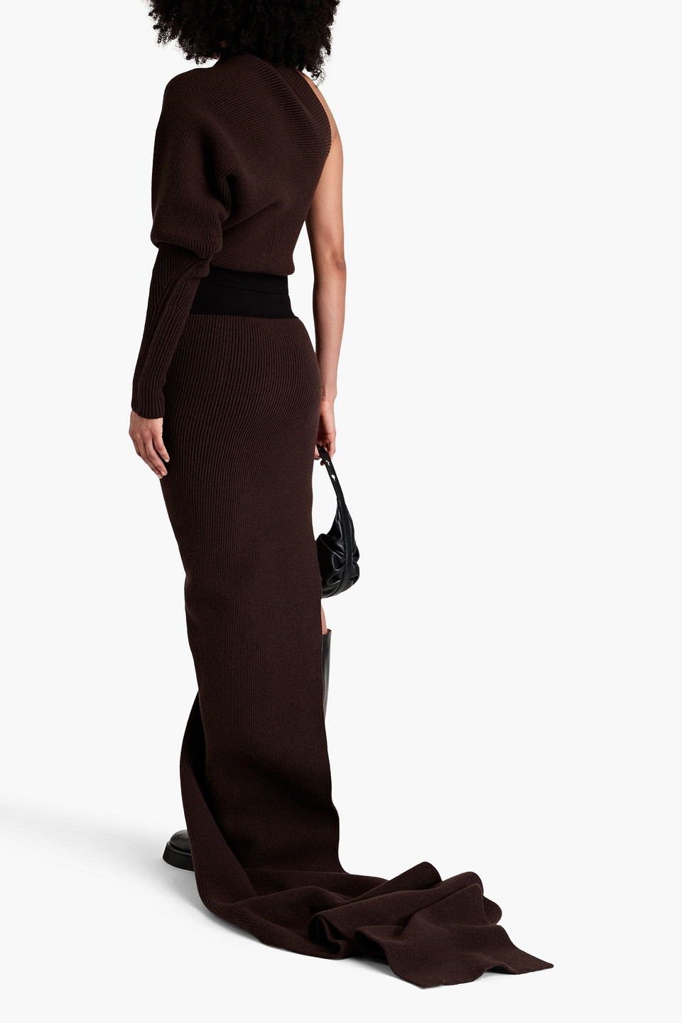 Rick Owens Asymmetric Ribbed Cashmere-blend Maxi Skirt In Chocolate