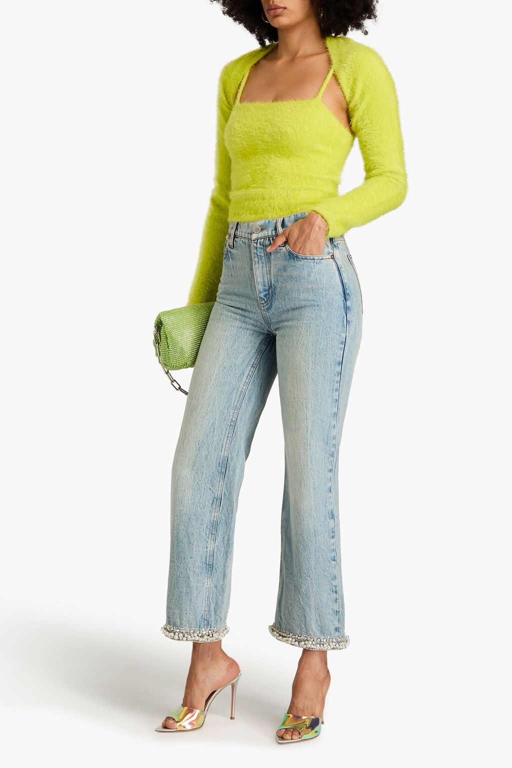 ALICE + OLIVIA JEANS جينز Ora بأرجل واسعة وخصر مرتفع ومزين بالخرز
