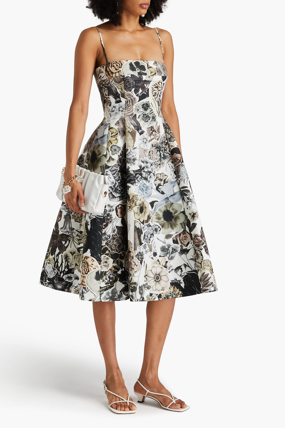 Marni Flared Floral-print Cotton Midi Dress In Taupe