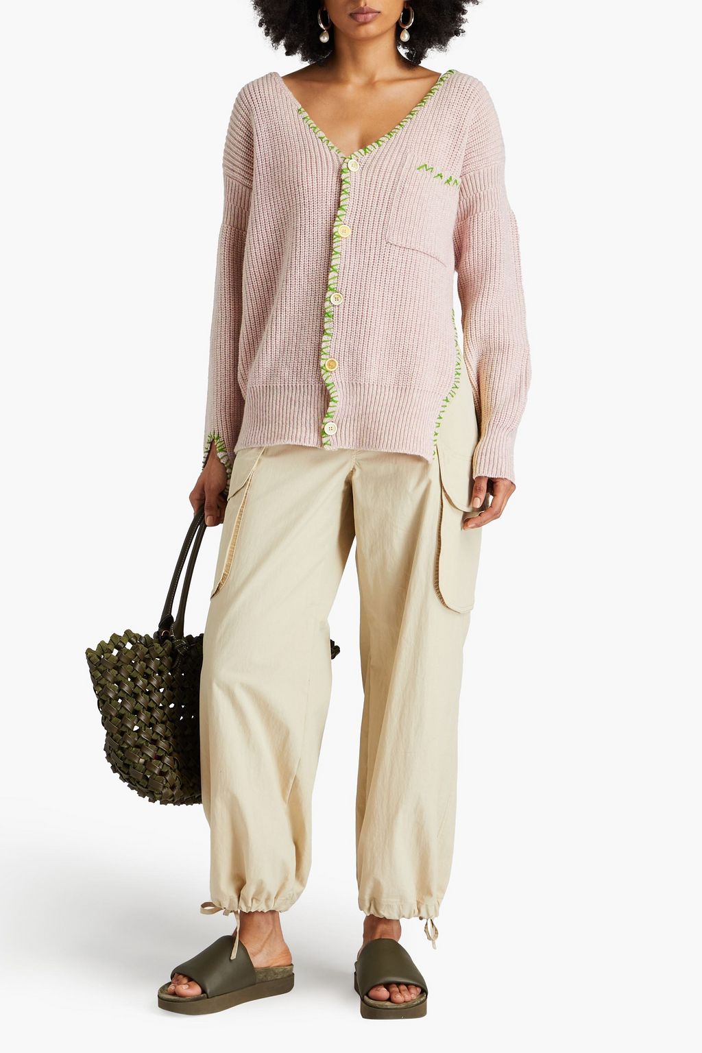 MARNI Cardigan aus gerippter Wolle in Distressed-Optik mit Stickereien