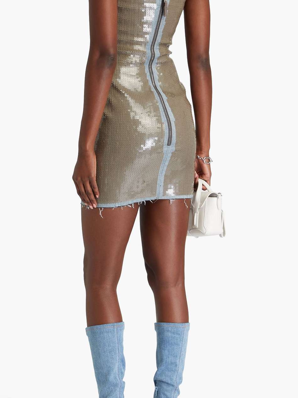 strapless sequined denim mini dress