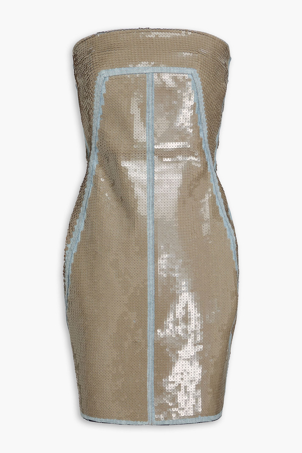 Rick Owens Strapless Sequined Denim Mini Dress In Mushroom