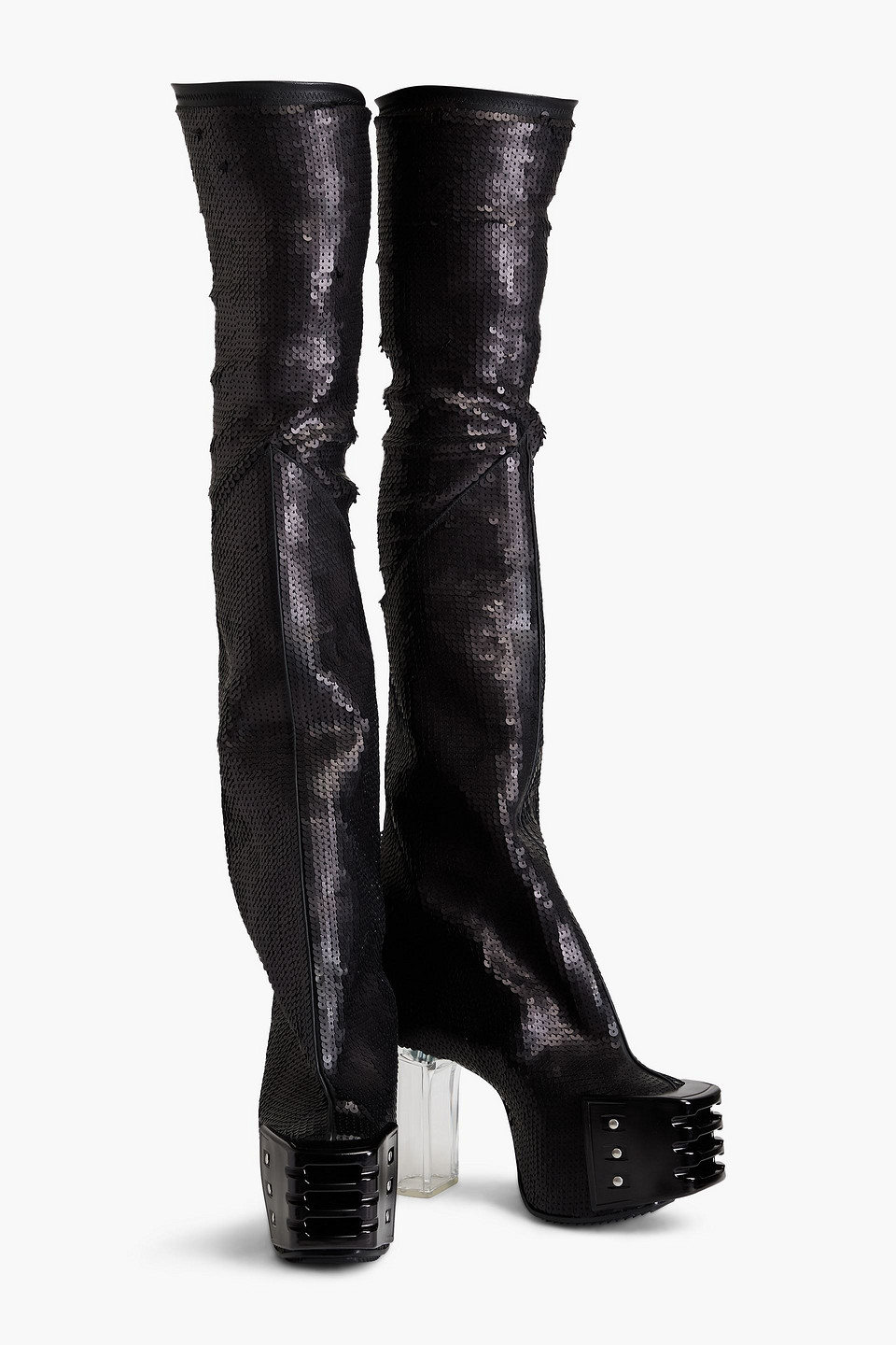 Rick Owens Grilled Sequined Leather-blend Thigh Boots In Black