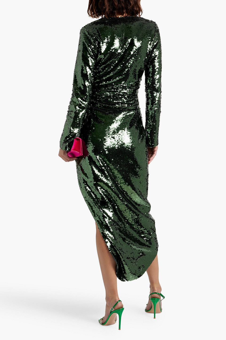 Shop Simkhai Emersyn Ruched Sequined Tulle Midi Dress In Emerald