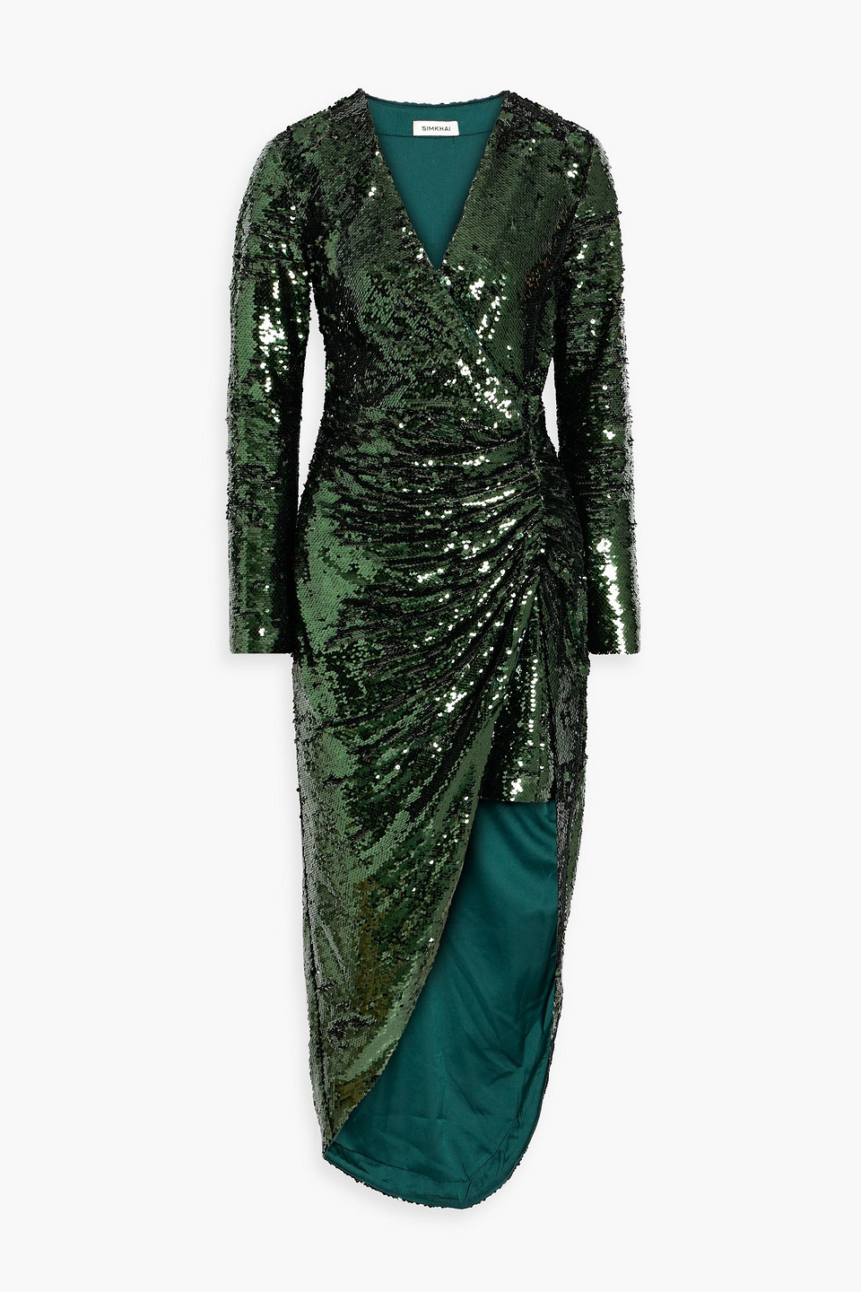 Shop Simkhai Emersyn Ruched Sequined Tulle Midi Dress In Emerald