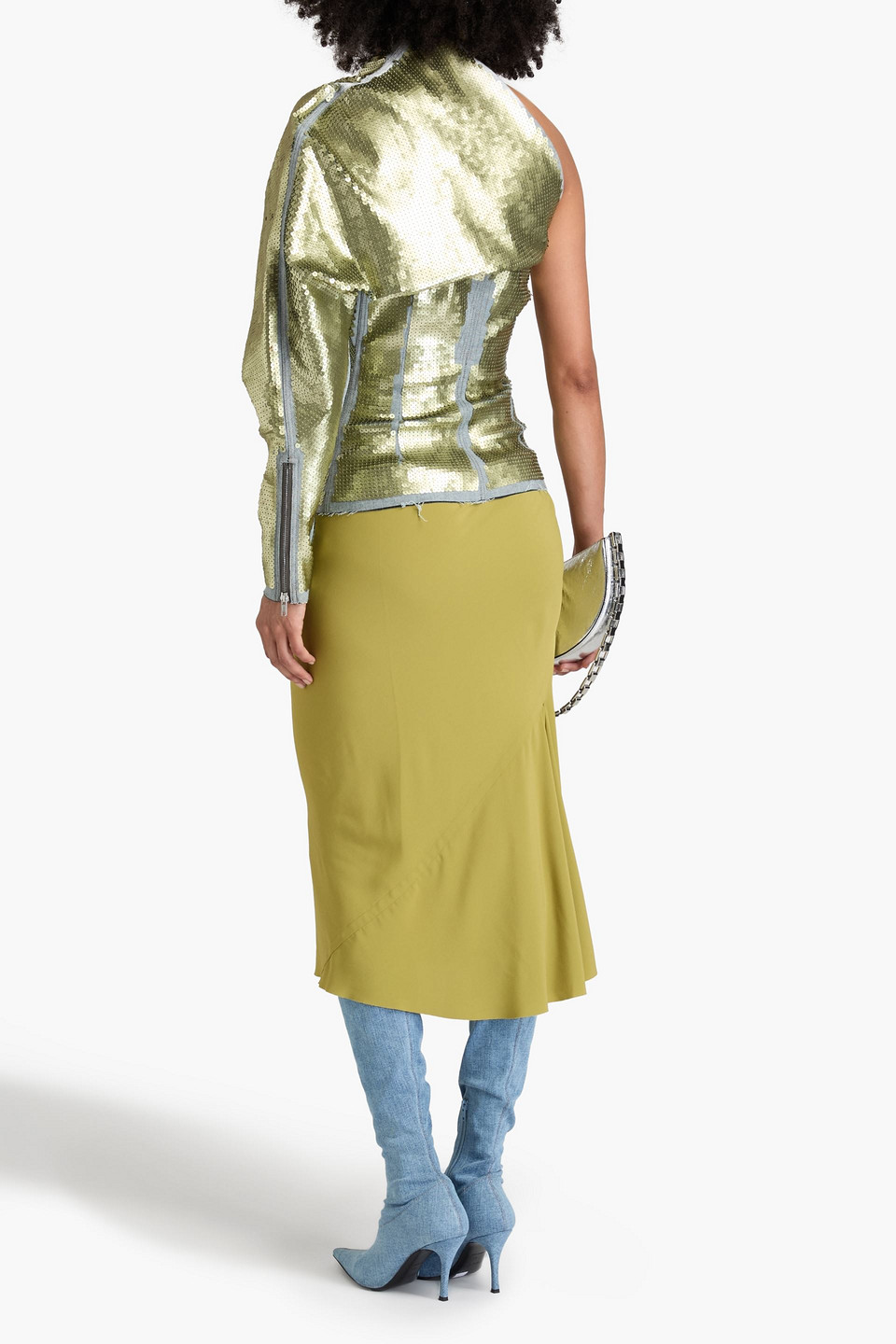 RICK OWENS LUXOR ONE-SLEEVE SEQUINED DENIM TOP
