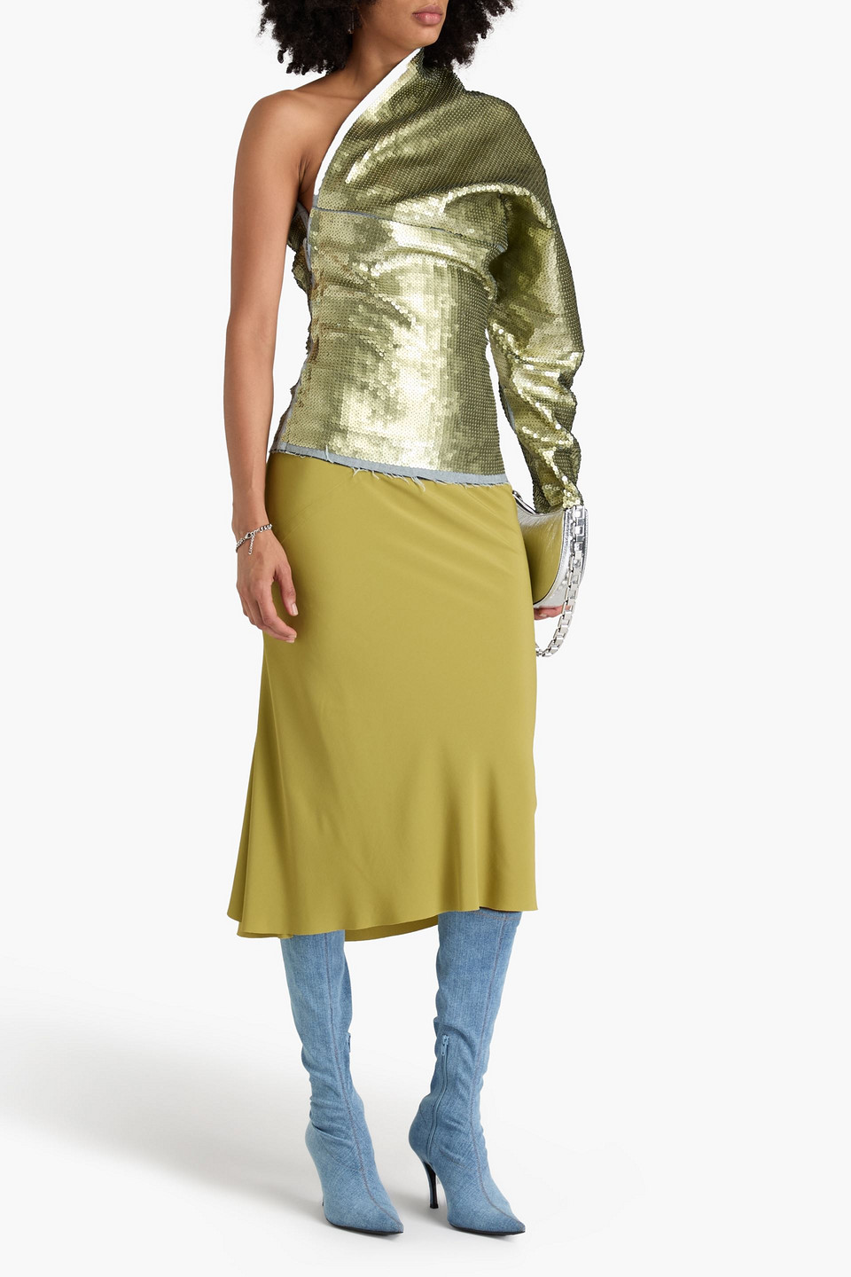 RICK OWENS LUXOR ONE-SLEEVE SEQUINED DENIM TOP