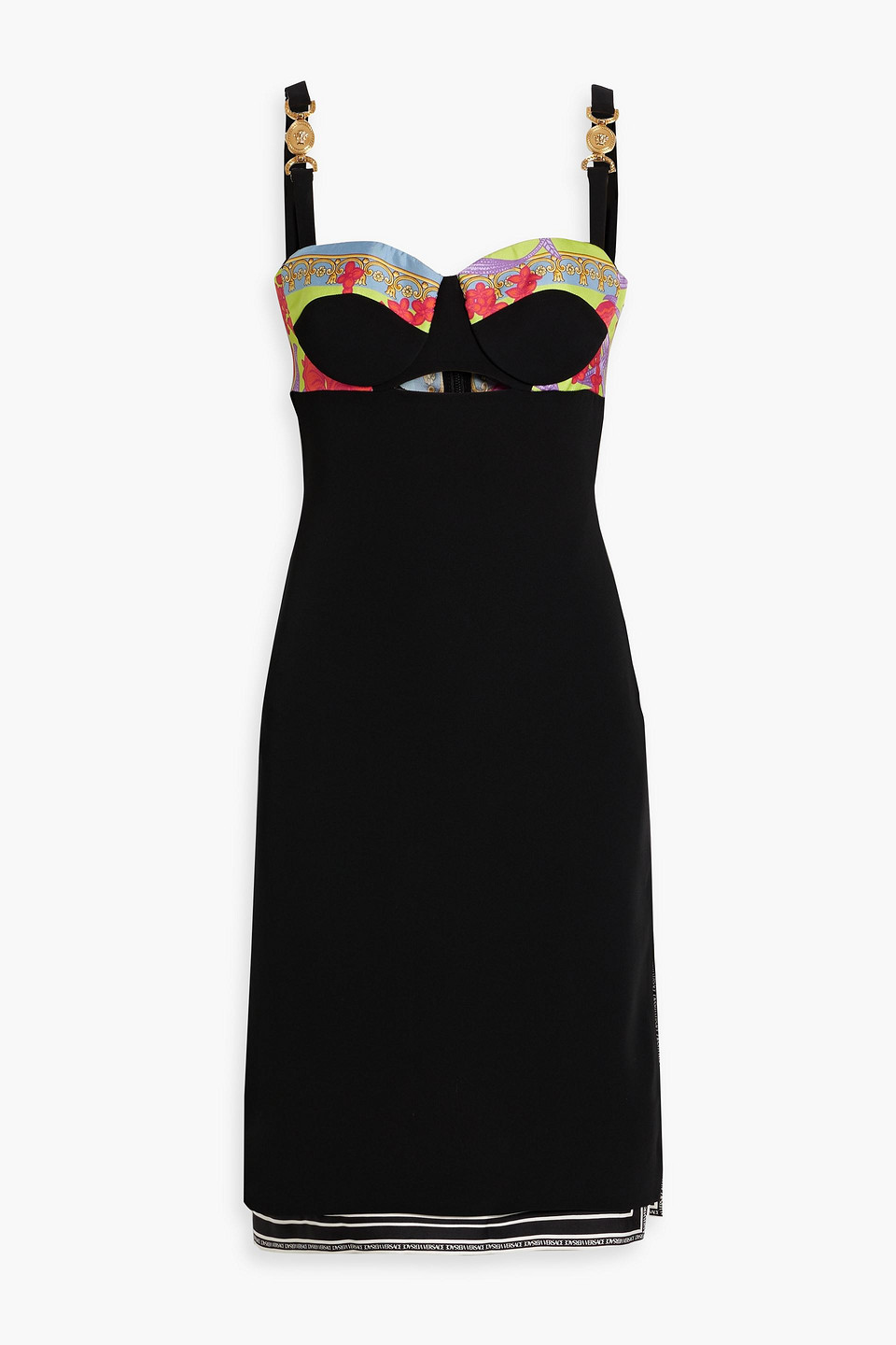 Versace Printed Twill-paneled Silk Crepe De Chine Mini Dress In Black
