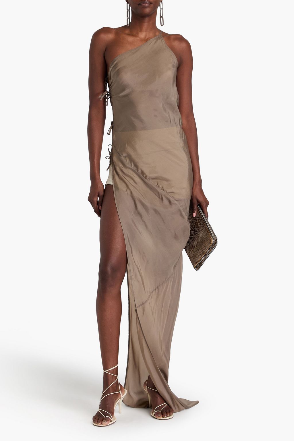 RICK OWENS Taco one-shoulder bow-detailed cupro-satin maxi dress