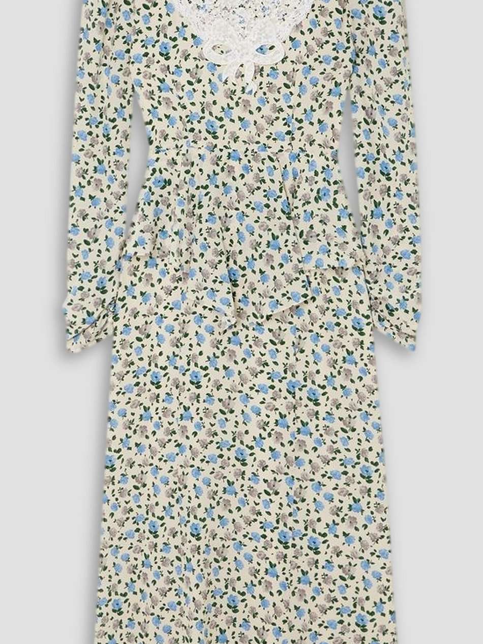 appliquéd lace-trimmed floral-print silk crepe de chine midi dress