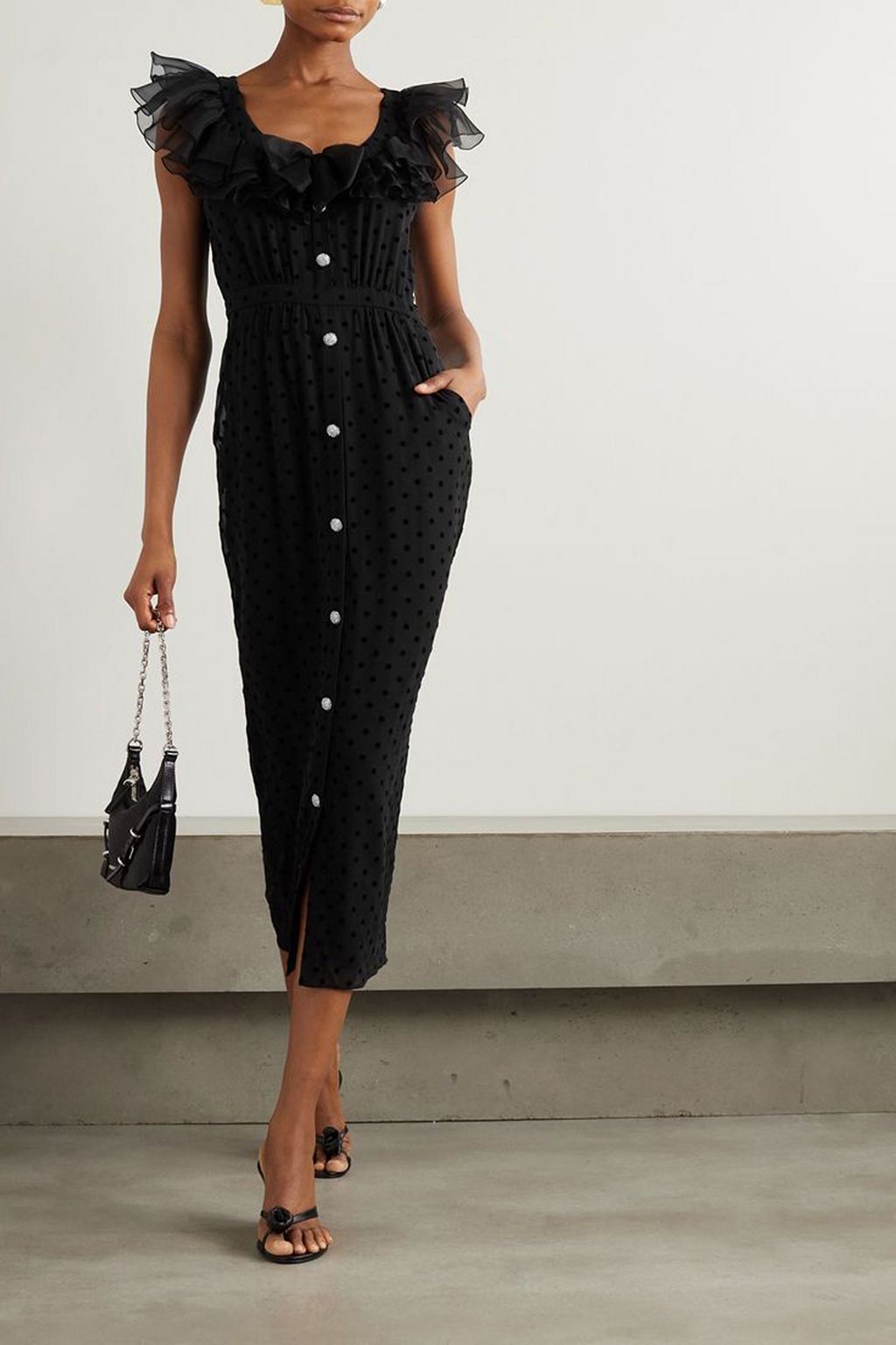 ALESSANDRA RICH Ruffled polka-dot flocked silk-georgette midi dress