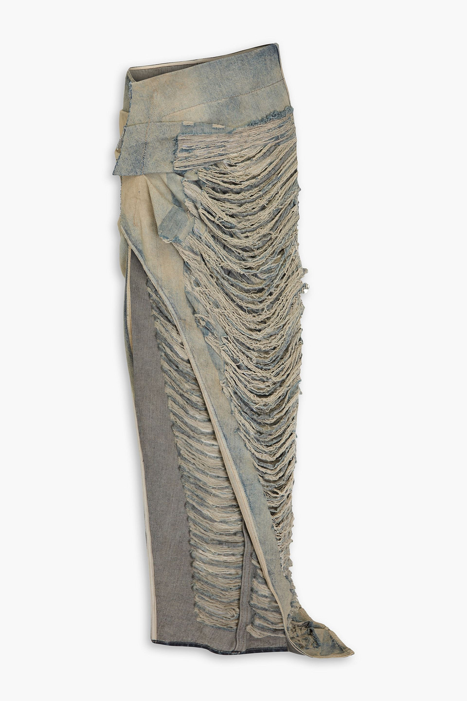 Rick Owens Pleated Distressed Denim Midi Skirt In Multi