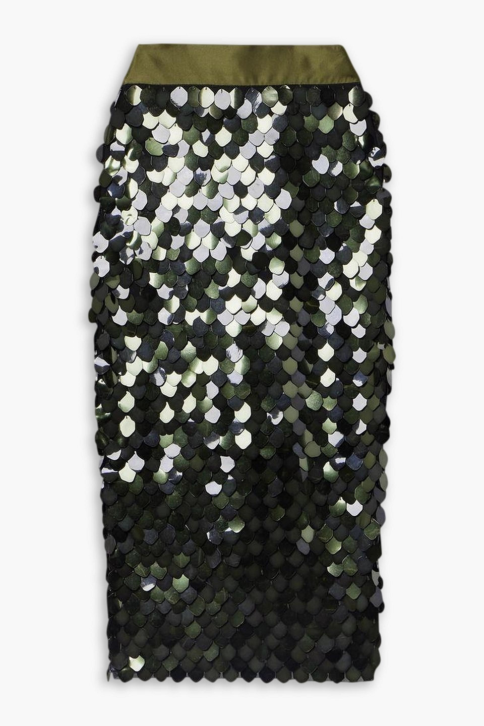 Sergio Hudson Silk Satin-trimmed Paillette-embellished Tulle Midi Skirt In Army Green