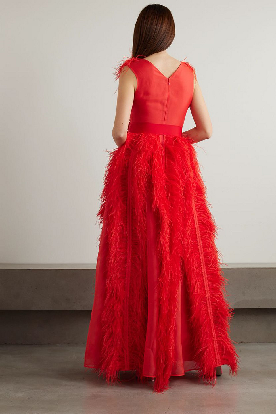 Huishan Zhang Violette Feather And Grosgrain-trimmed Silk-organza Gown In Red