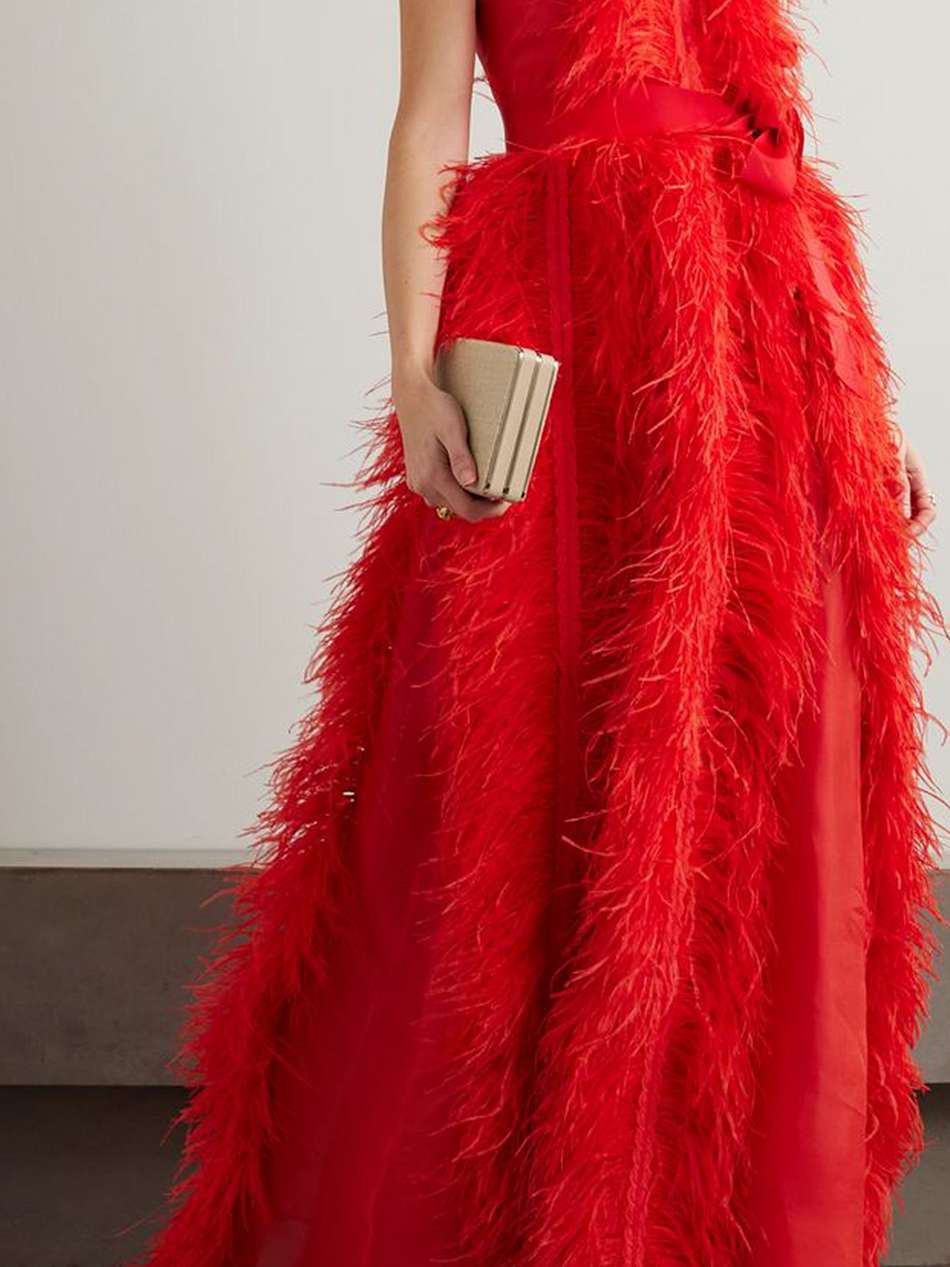 violette feather and grosgrain-trimmed silk-organza gown