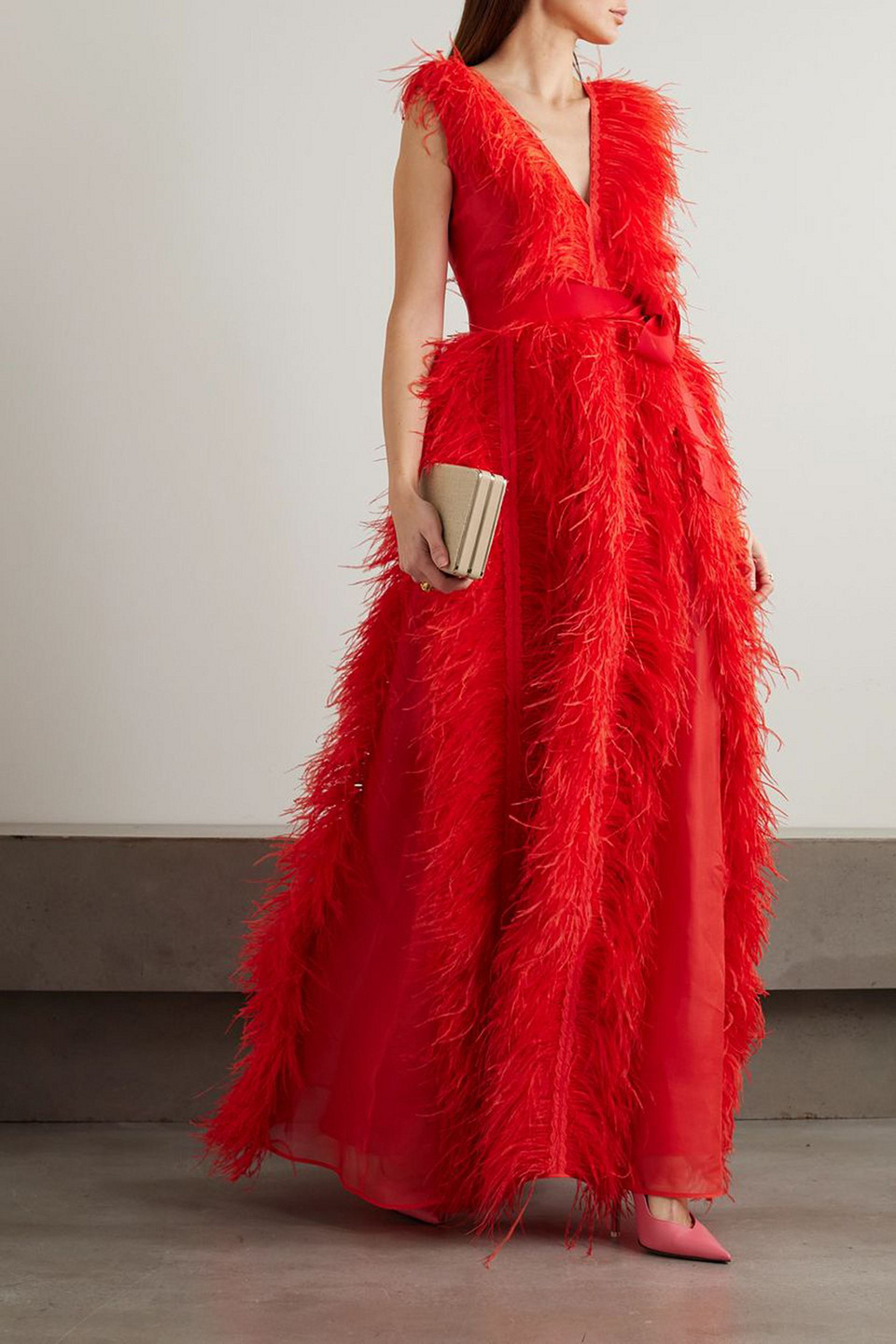 Huishan Zhang Violette Feather And Grosgrain-trimmed Silk-organza Gown In Red