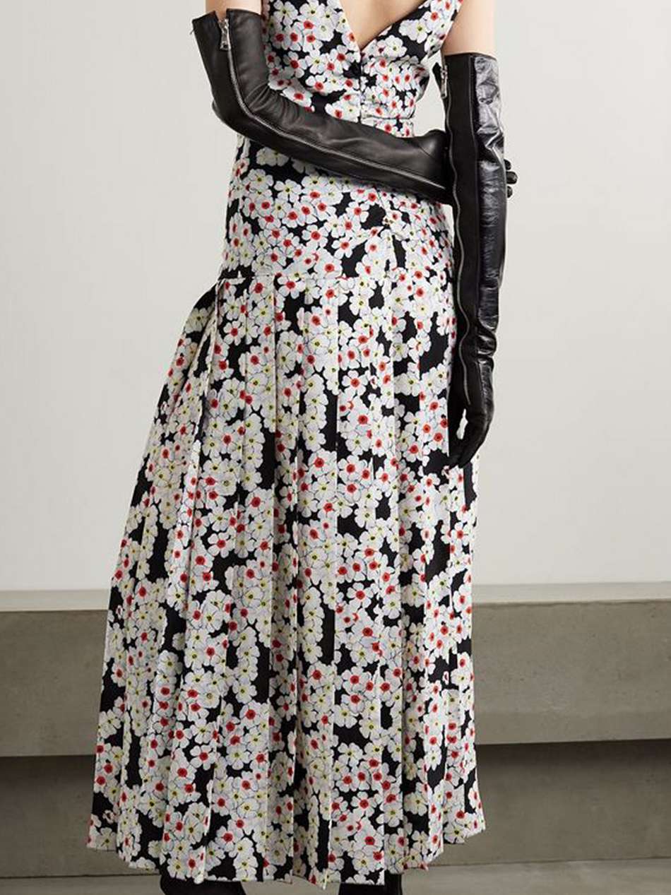 bow-detailed pleated floral-print silk crepe de chine midi dress