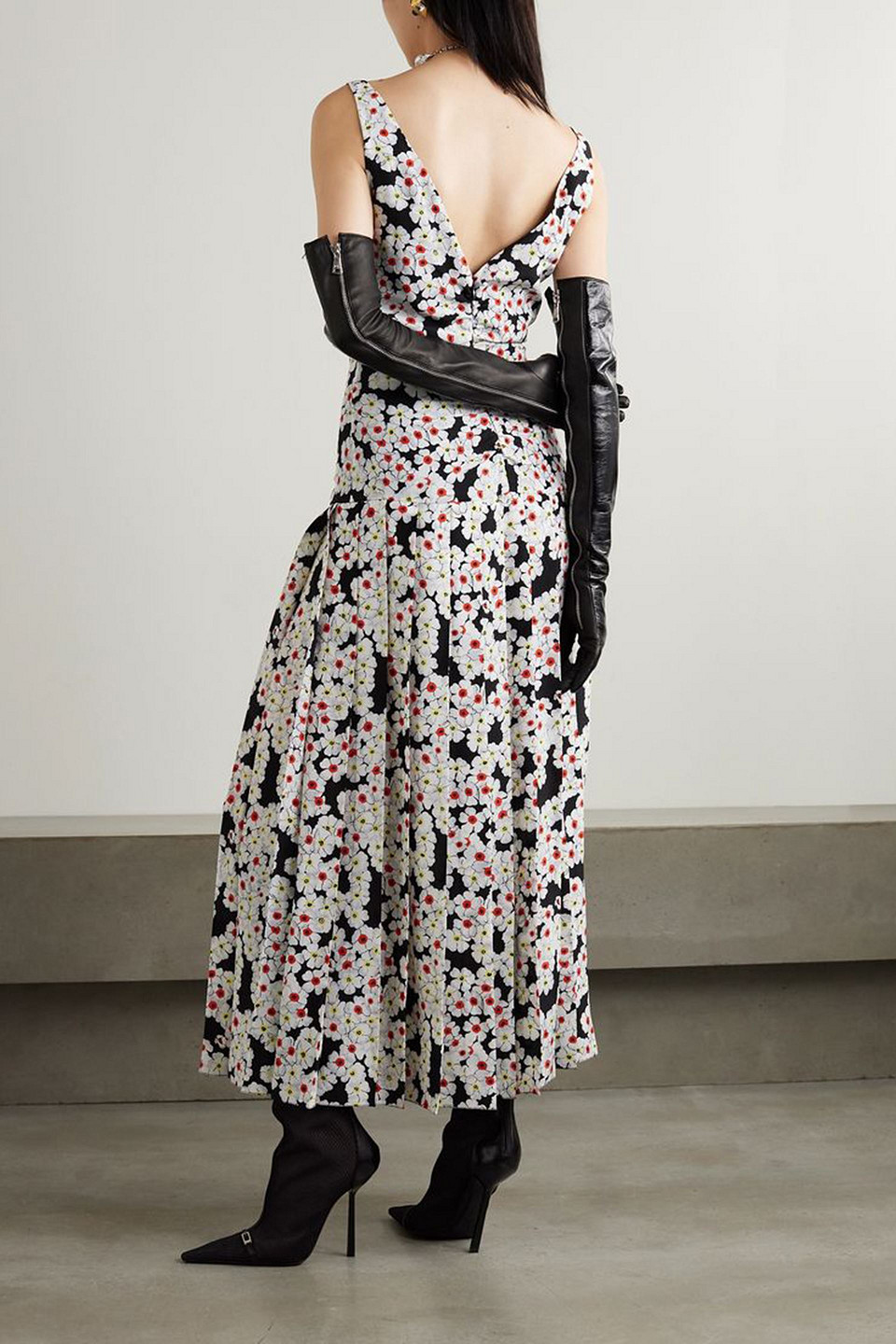 Alessandra Rich Bow-detailed Pleated Floral-print Silk Crepe De Chine Midi Dress In Black
