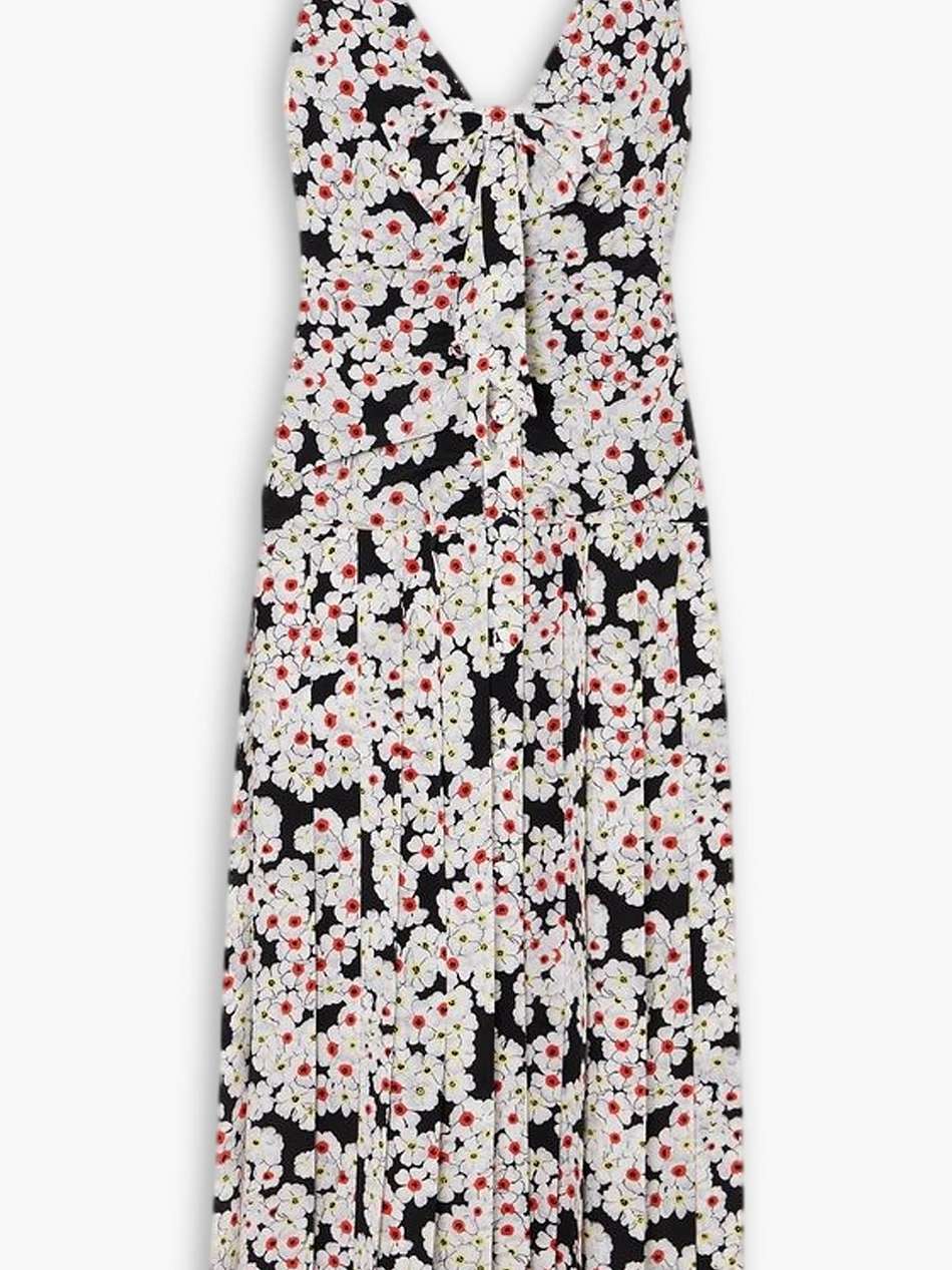 bow-detailed pleated floral-print silk crepe de chine midi dress