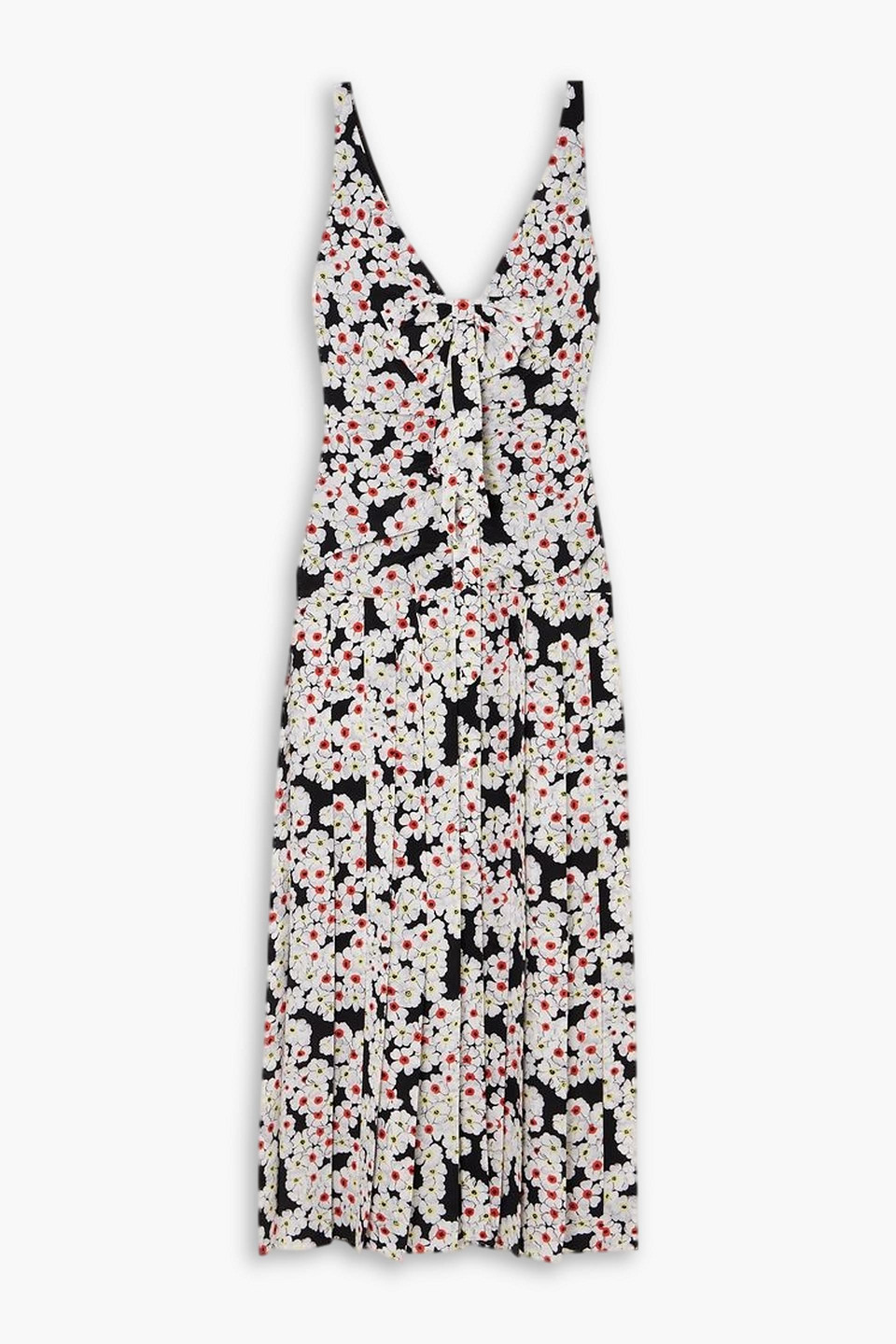 Alessandra Rich Bow-detailed Pleated Floral-print Silk Crepe De Chine Midi Dress In Black