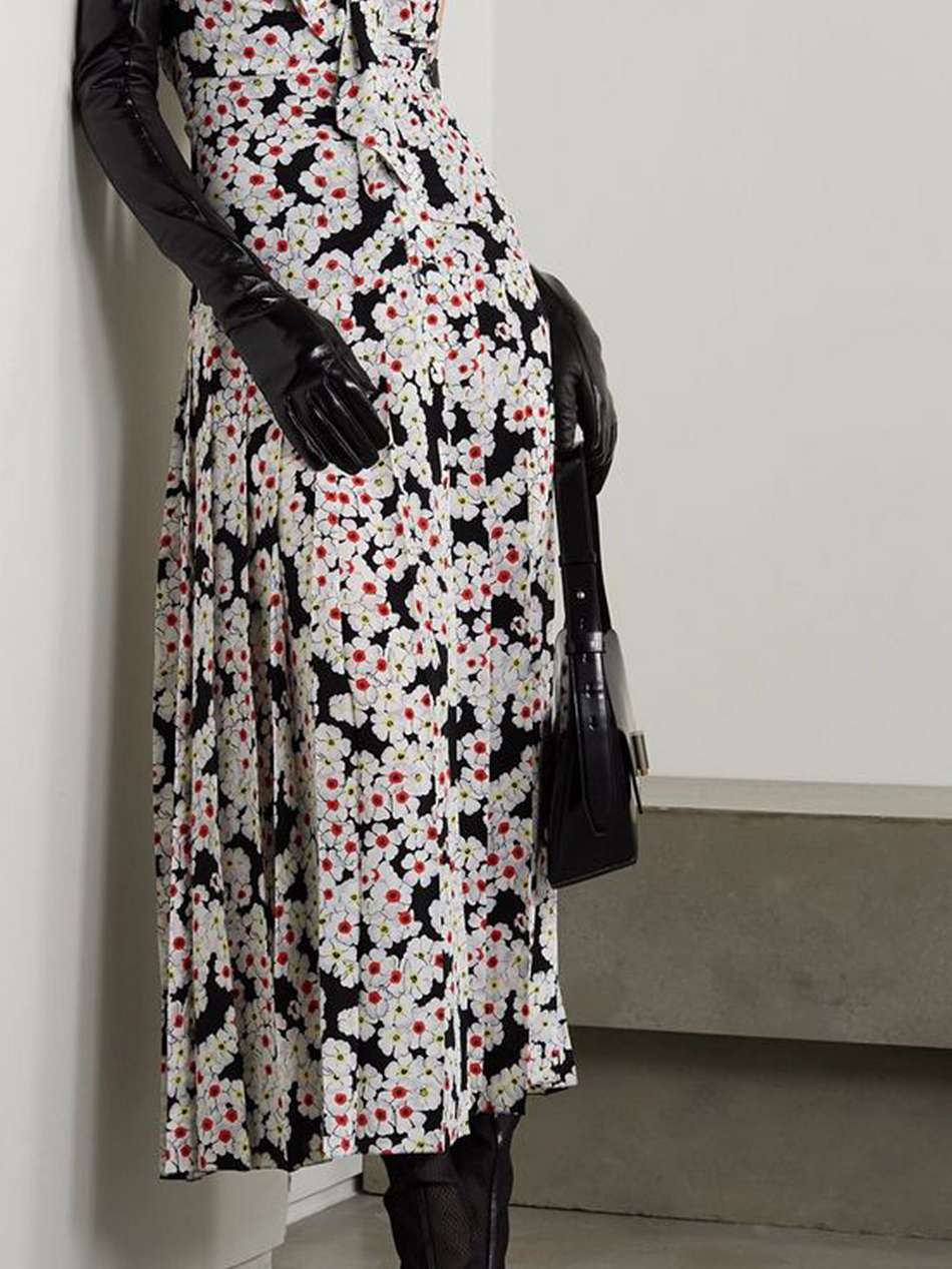 bow-detailed pleated floral-print silk crepe de chine midi dress